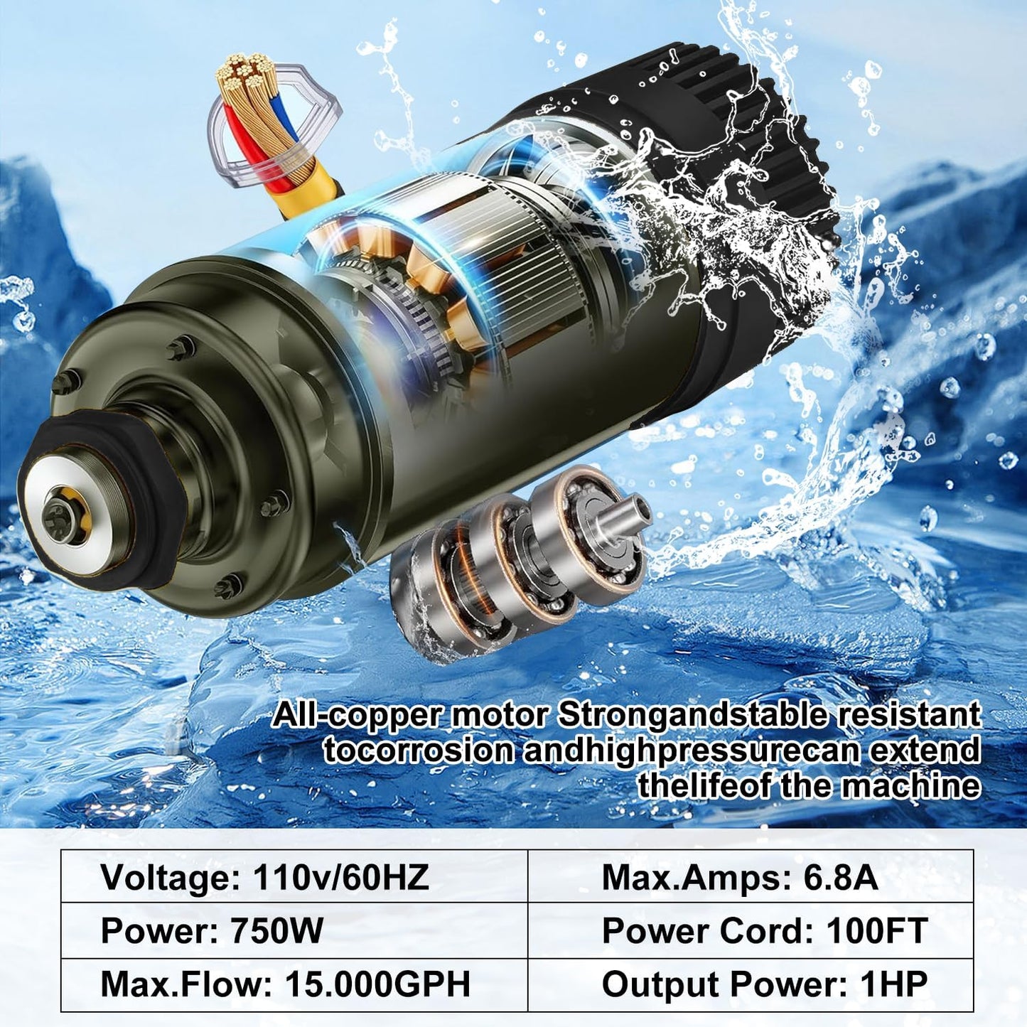 Pond Fountain Aerator 750W, 1HP, 15000 GPH Floating Aerator Pump, 100' Power Cord, 2×Metal Stakes, 33x2' Rope