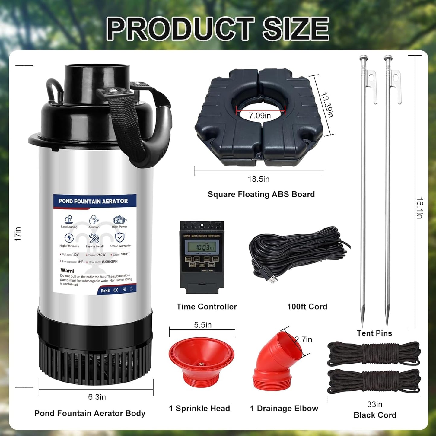 Pond Fountain Aerator 750W, 1HP, 15000 GPH Floating Aerator Pump, 100' Power Cord, 2×Metal Stakes, 33x2' Rope