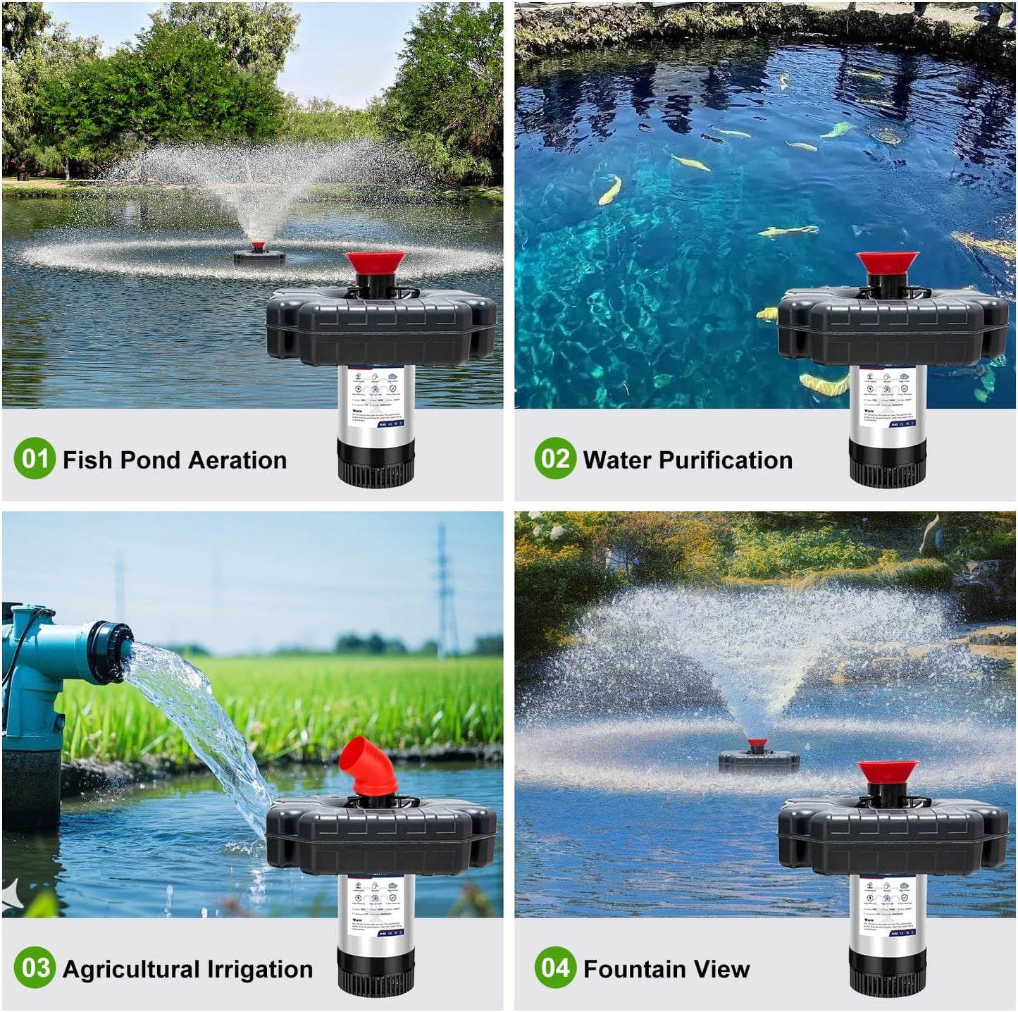 Pond Fountain Aerator 750W, 1HP, 15000 GPH Floating Aerator Pump, 100' Power Cord, 2×Metal Stakes, 33x2' Rope