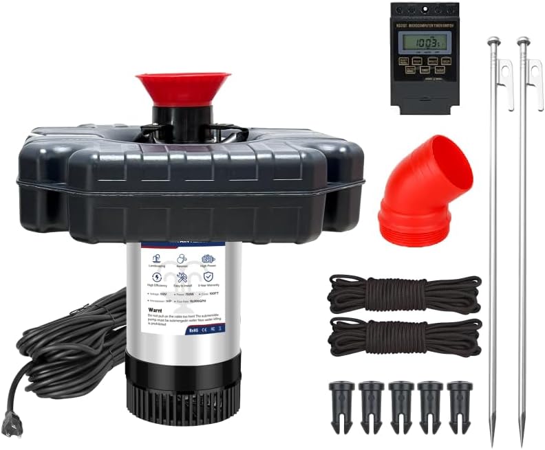 Pond Fountain Aerator 750W, 1HP, 15000 GPH Floating Aerator Pump, 100' Power Cord, 2×Metal Stakes, 33x2' Rope