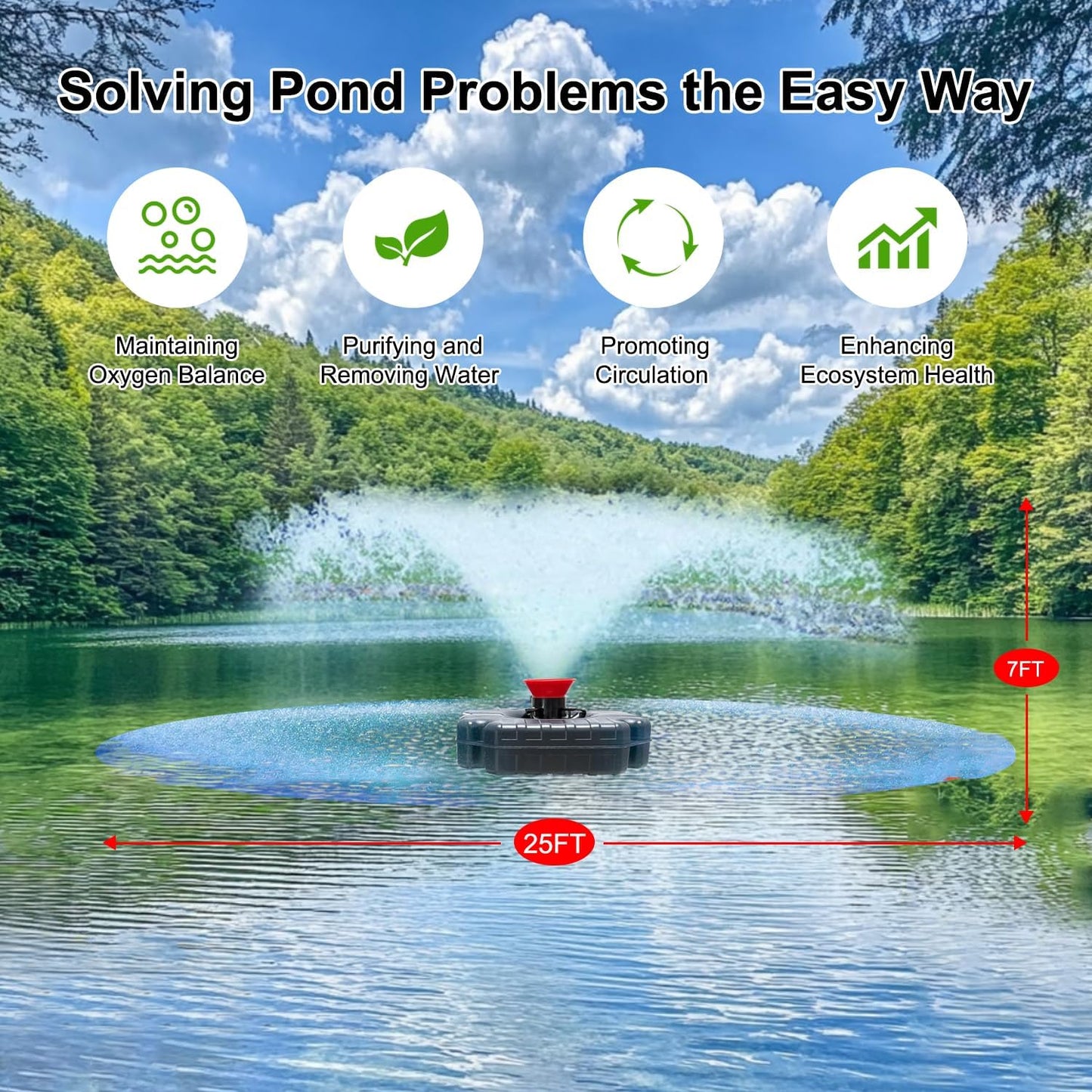 Pond Fountain Aerator 750W, 1HP, 15000 GPH Floating Aerator Pump, 100' Power Cord, 2×Metal Stakes, 33x2' Rope