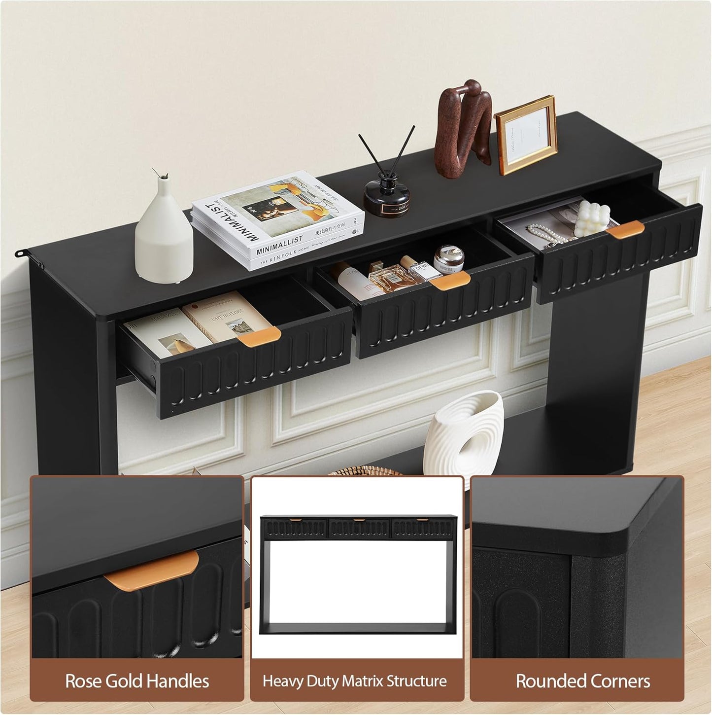 Entryway Table with Storage, Narrow Console Table with 3 Drawers, Mid Century Modern Black Sofa Table