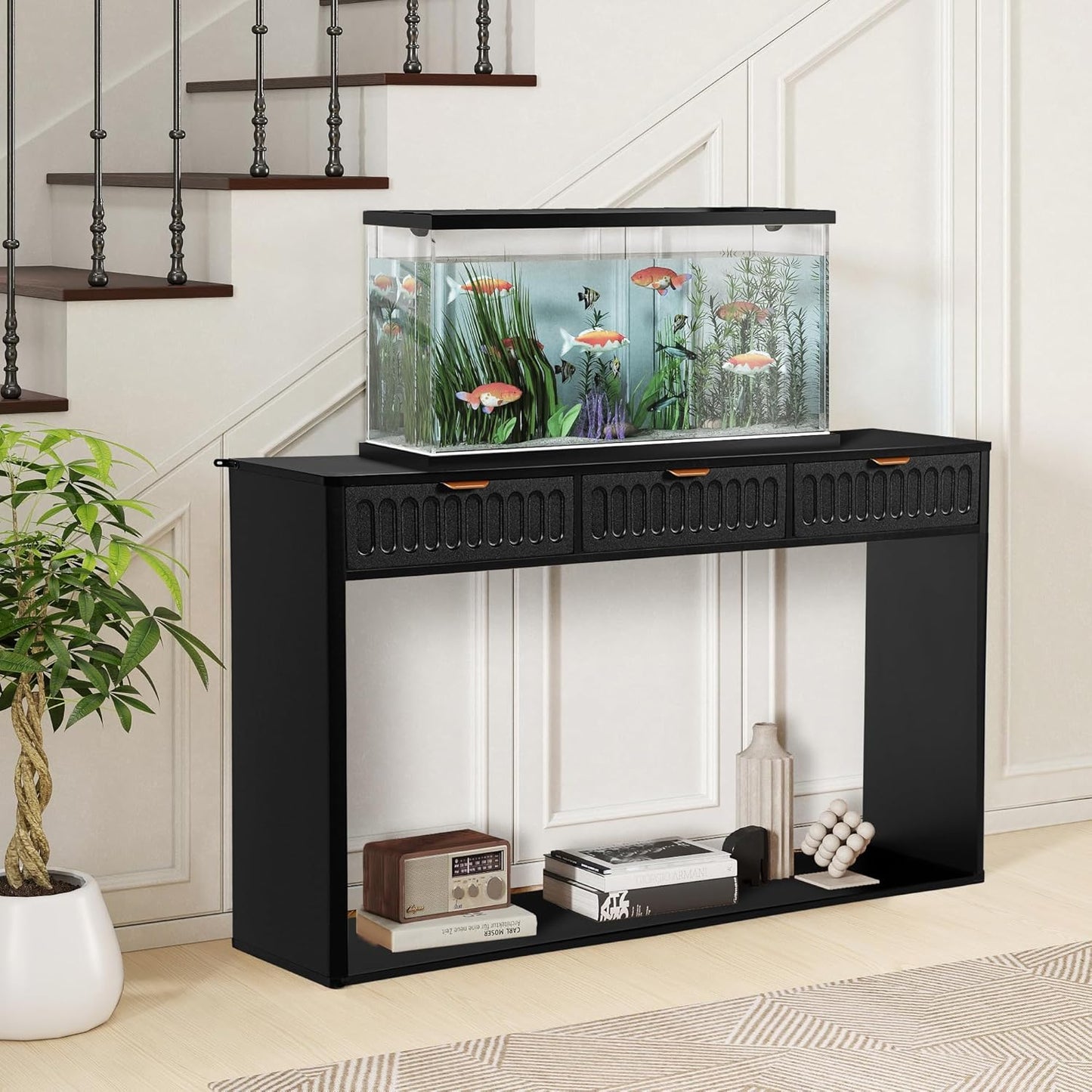 Entryway Table with Storage, Narrow Console Table with 3 Drawers, Mid Century Modern Black Sofa Table
