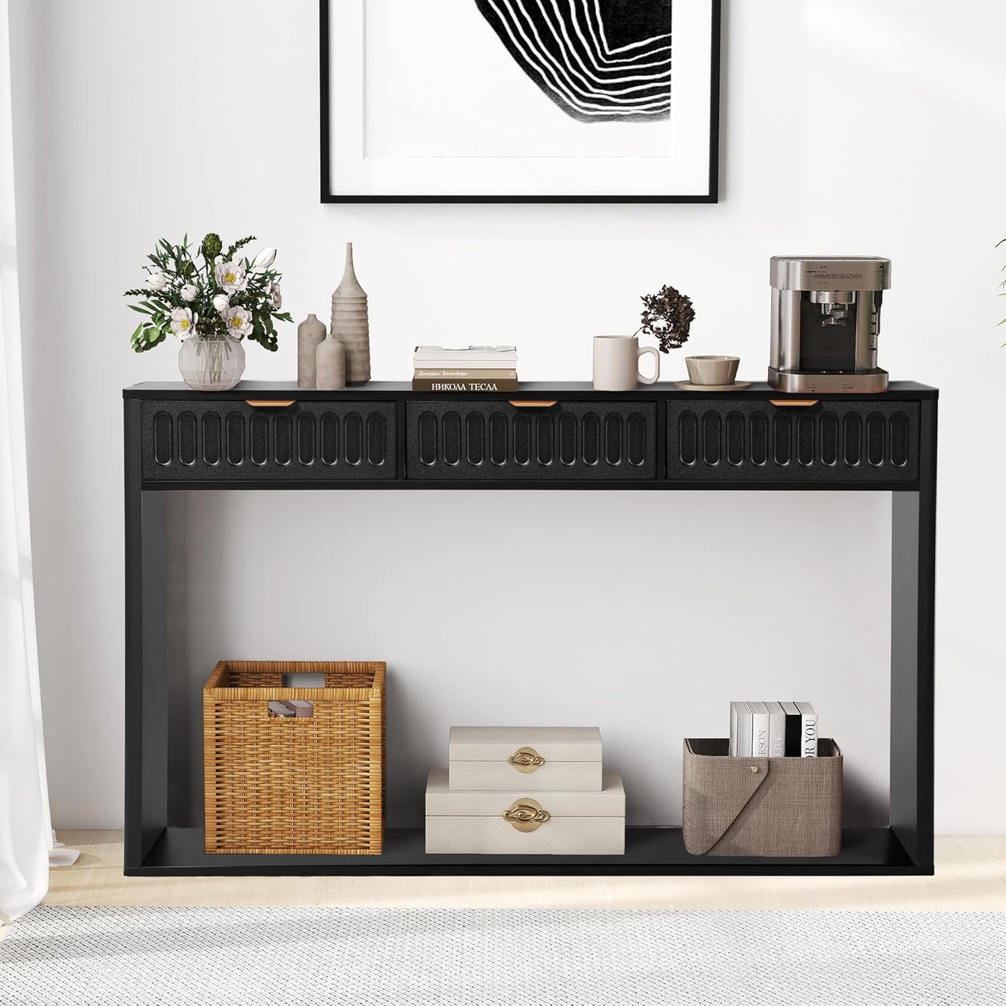 Entryway Table with Storage, Narrow Console Table with 3 Drawers, Mid Century Modern Black Sofa Table