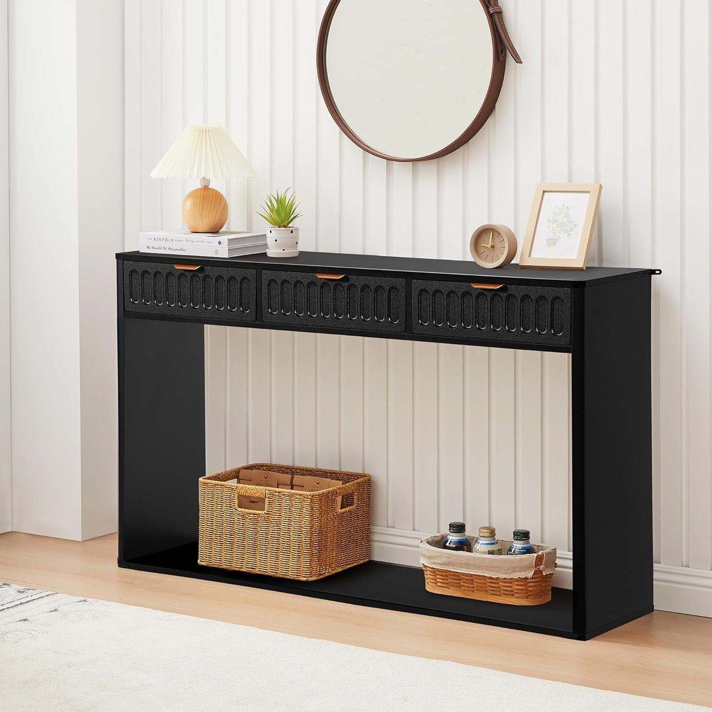 Entryway Table with Storage, Narrow Console Table with 3 Drawers, Mid Century Modern Black Sofa Table