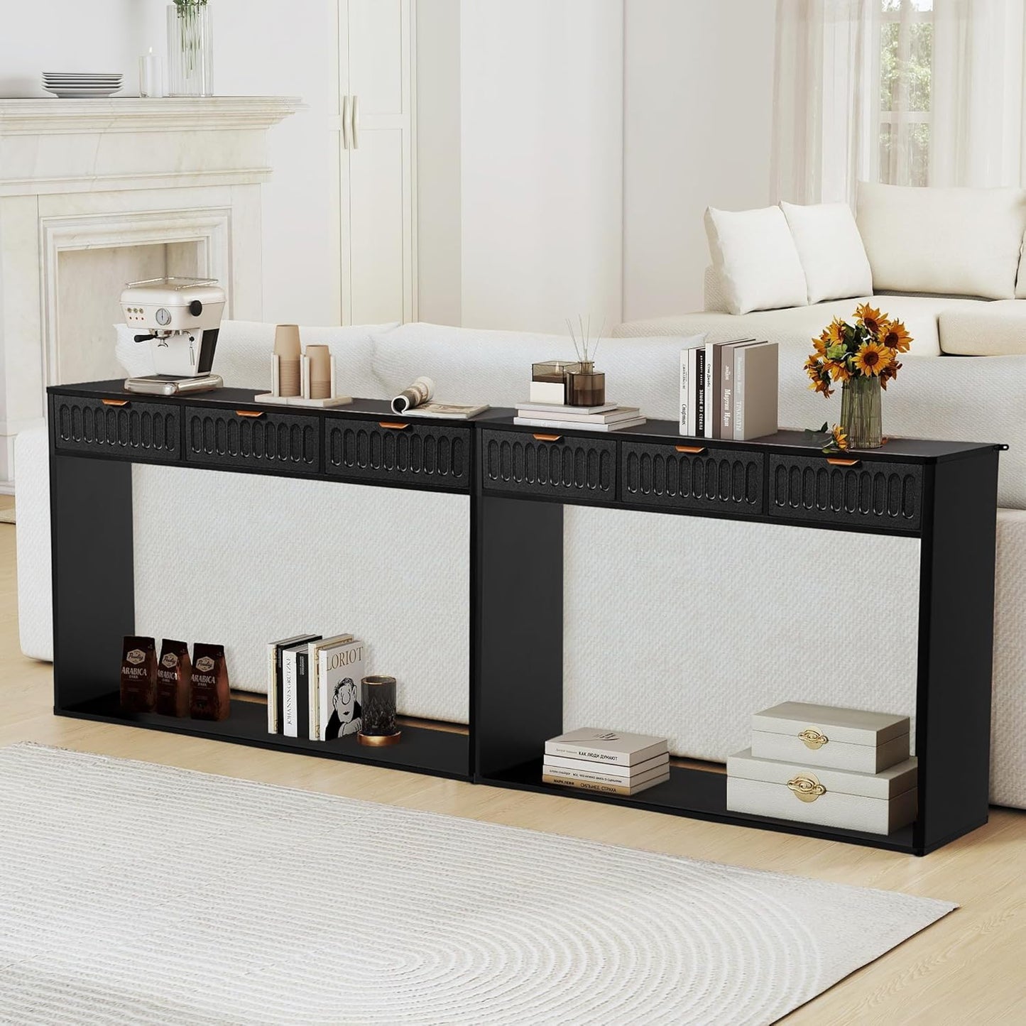 Entryway Table with Storage, Narrow Console Table with 3 Drawers, Mid Century Modern Black Sofa Table