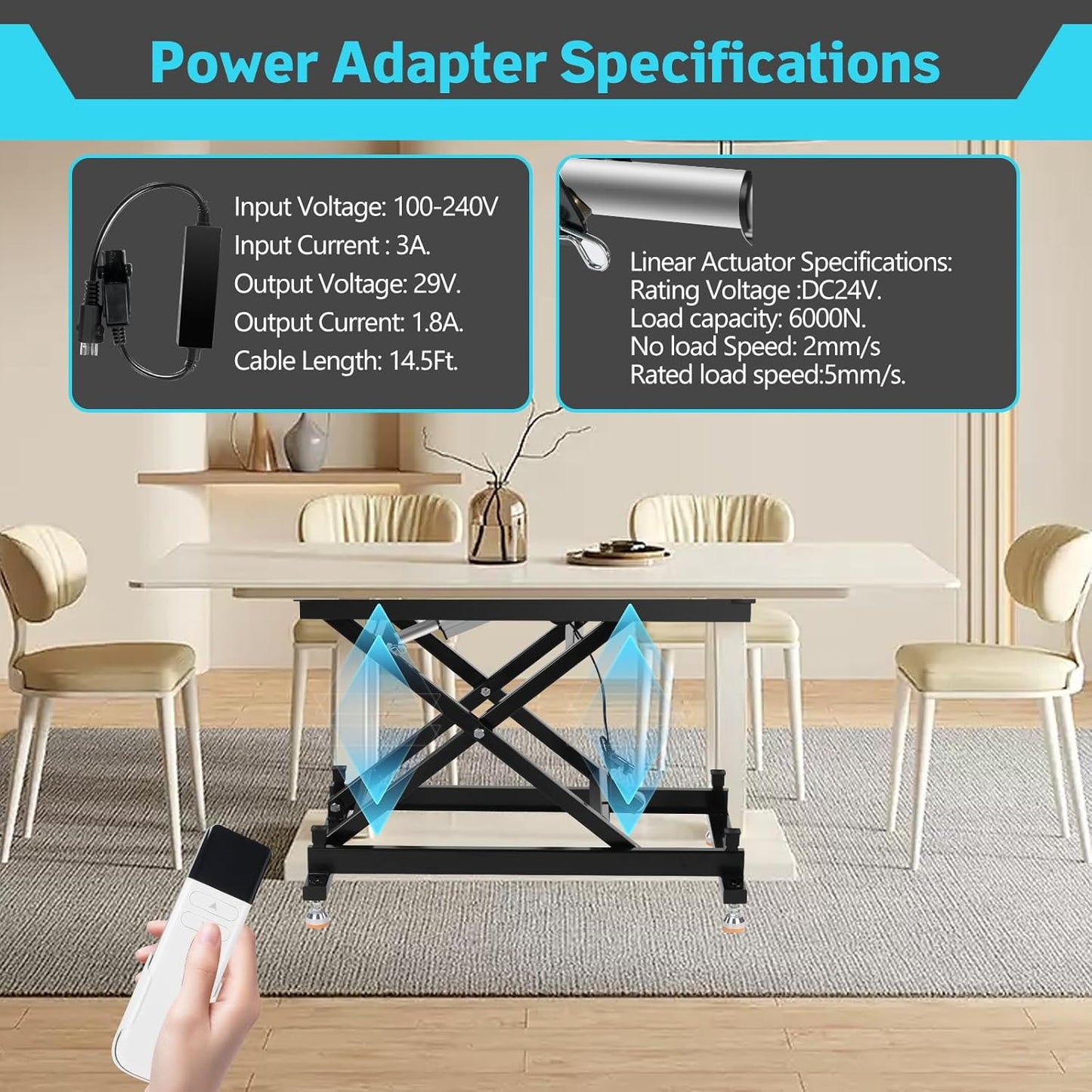30' Electric Remote Control Dining Coffee Table Lift,110V-240V, Adjustable Height Desk Lift w/ 330LBS Weight Capacity