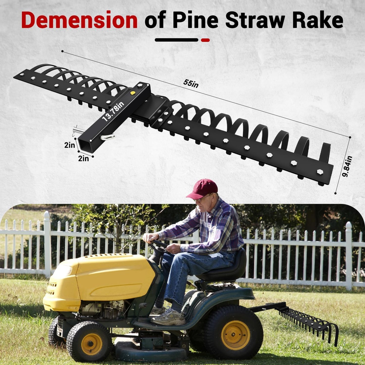 55' Durable Tow Behind Landscape Rake, Tractors Fits 2' Receiver for Lawn Tractors or ATV/UTV Black