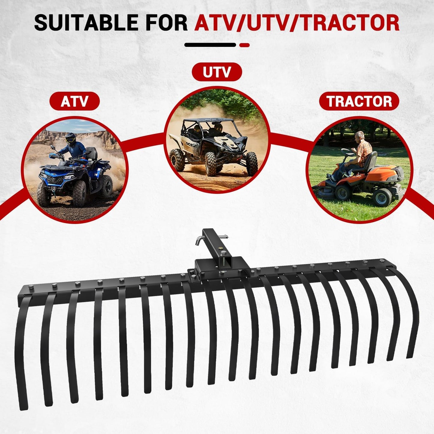 55' Durable Tow Behind Landscape Rake, Tractors Fits 2' Receiver for Lawn Tractors or ATV/UTV Black