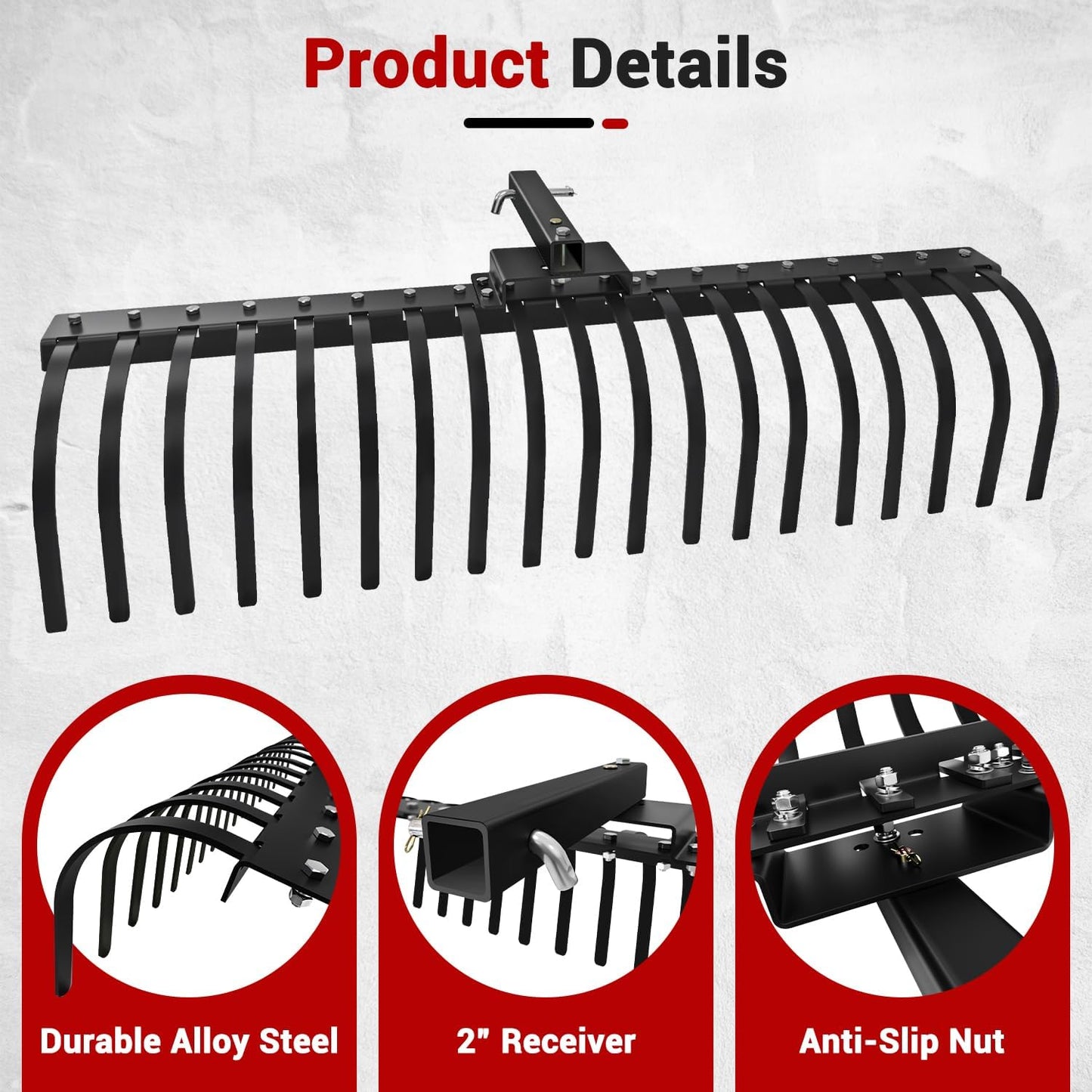 55' Durable Tow Behind Landscape Rake, Tractors Fits 2' Receiver for Lawn Tractors or ATV/UTV Black