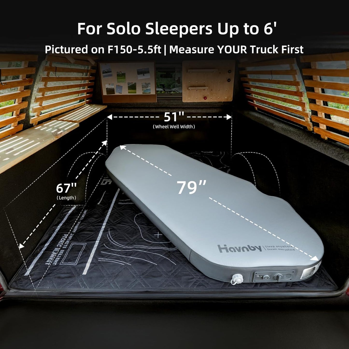Inflatable Truck Bed Foam Mattress for 5.5'-5.8', Diagonal Solo Camping Mattress Up to 79', w/ Compression Pump
