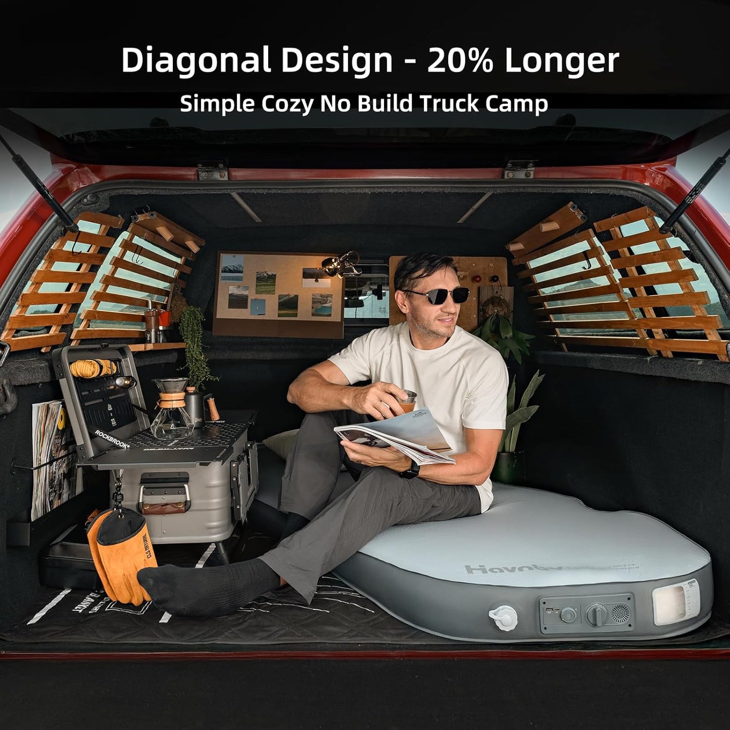 Inflatable Truck Bed Foam Mattress for 5.5'-5.8', Diagonal Solo Camping Mattress Up to 79', w/ Compression Pump