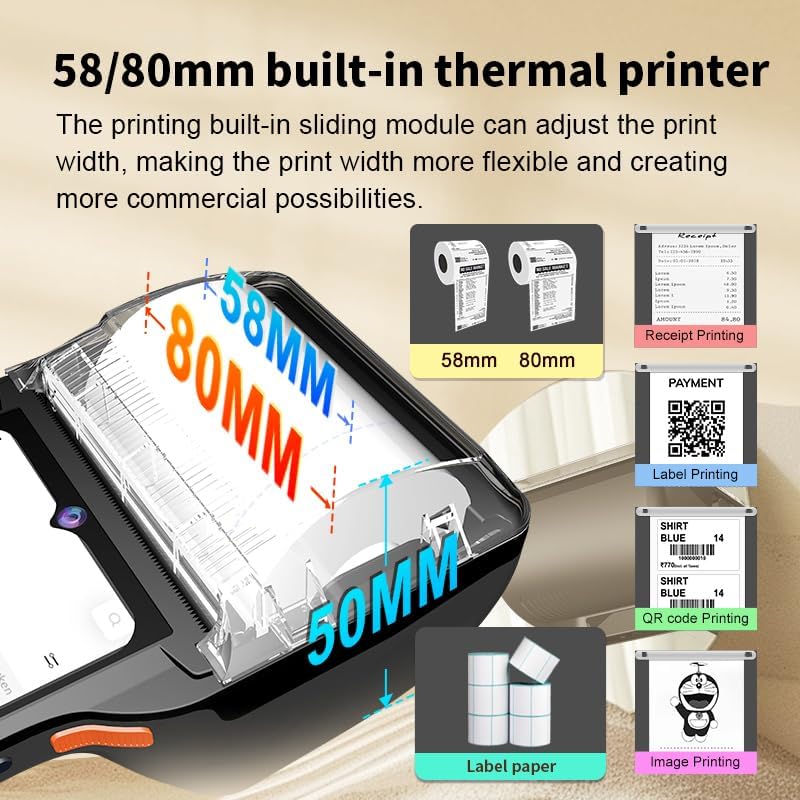 POS PDA Receipt/Label Printer, Android 14 Handheld POS Printer 3GB+32GB with 2D Barcode Scanner