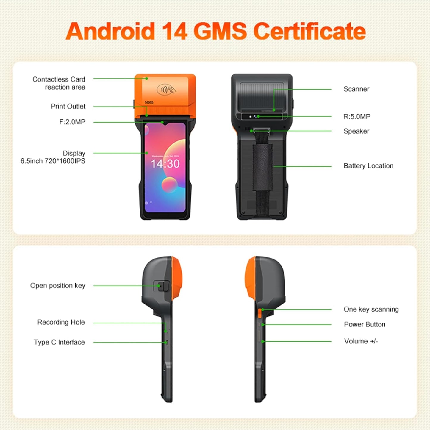 POS PDA Receipt/Label Printer, Android 14 Handheld POS Printer 3GB+32GB with 2D Barcode Scanner