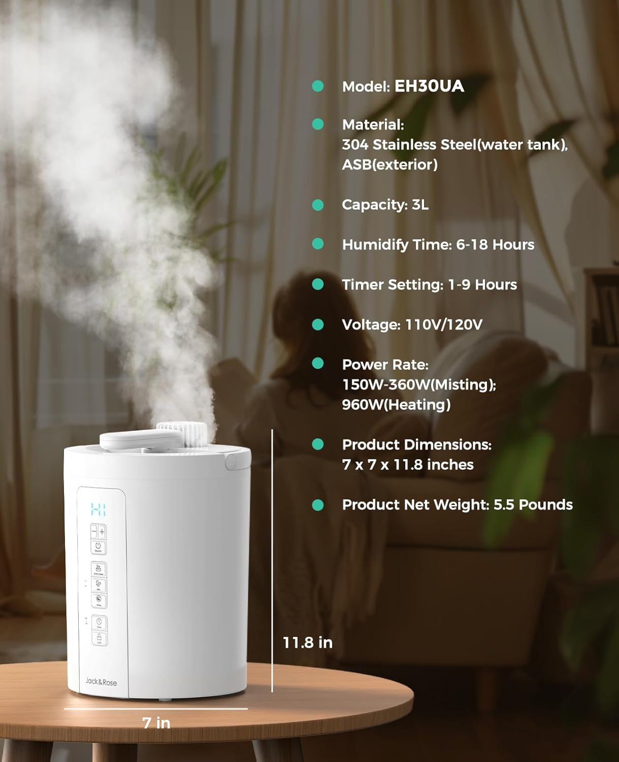 Healthy Warm Mist Humidifiers, 100oz Stainless Steel, Easy Clean, Filter less, w/ Sleep Mode, Timer, Auto-off Setting