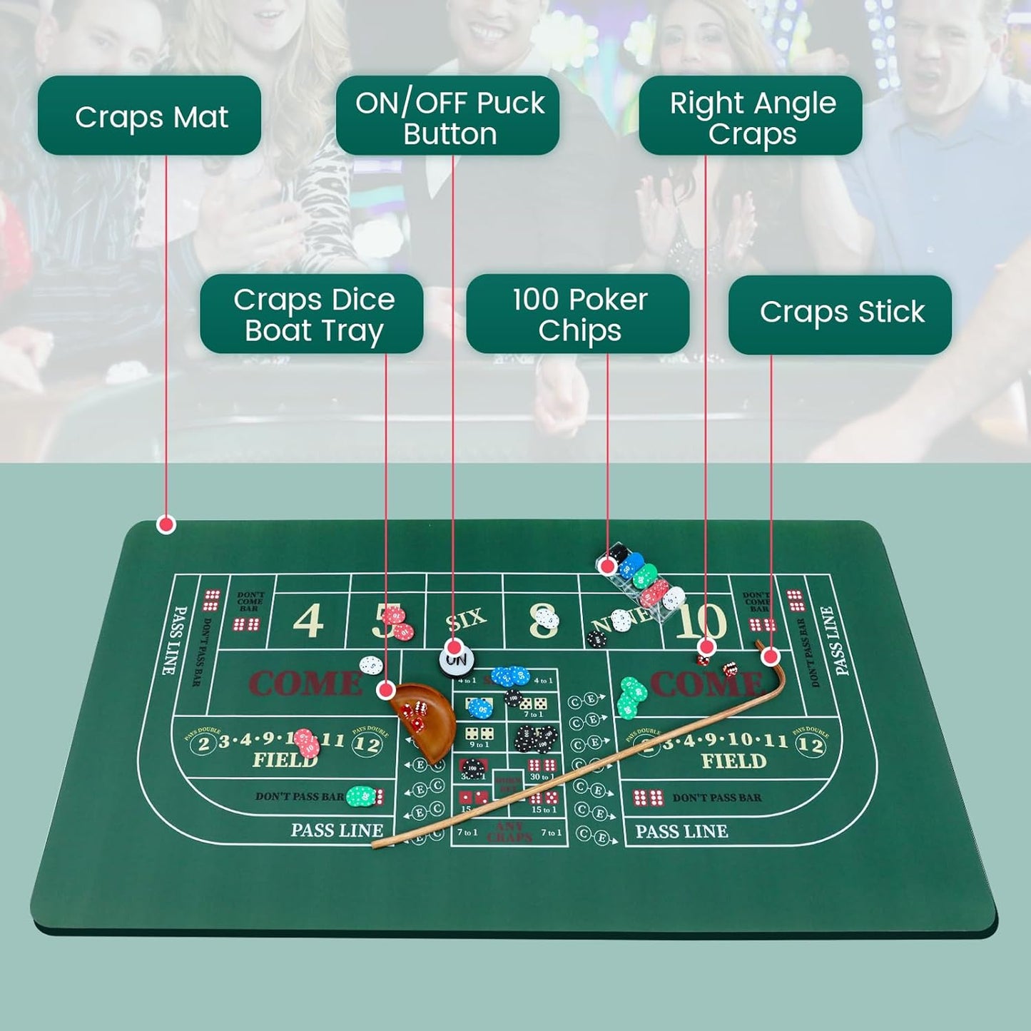 Craps Tabletop Set w/ 35*70' Rubber Mat, 48*11' Rubber Pyramid Bumper, 36' Rattan Stick,19mm Dice, 100 Chips