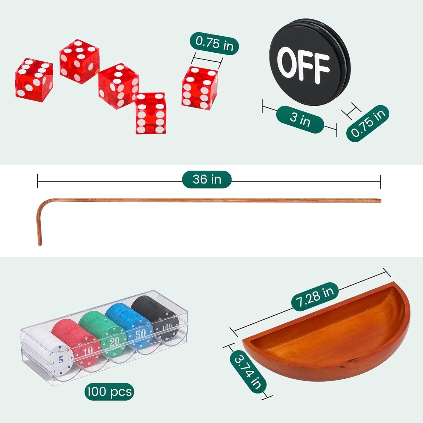 Craps Tabletop Set w/ 35*70' Rubber Mat, 48*11' Rubber Pyramid Bumper, 36' Rattan Stick,19mm Dice, 100 Chips