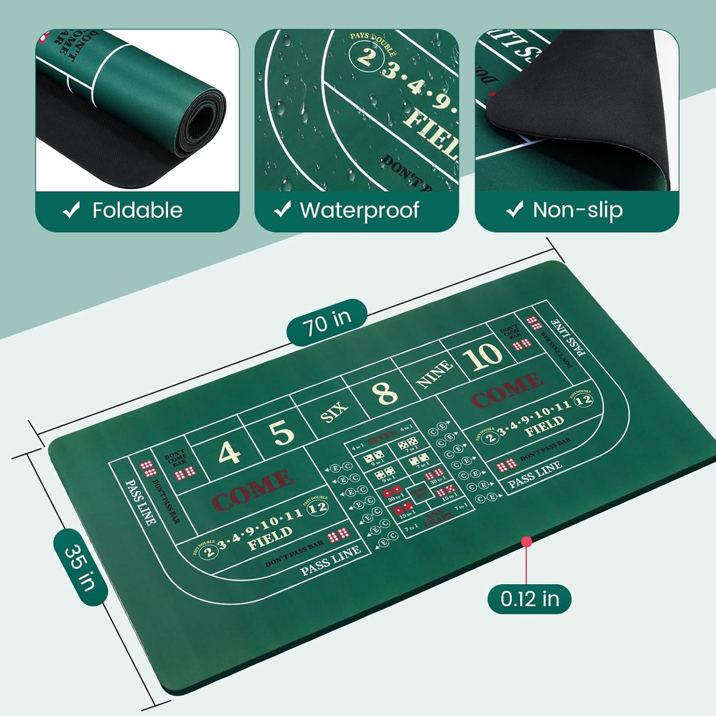 Craps Tabletop Set w/ 35*70' Rubber Mat, 48*11' Rubber Pyramid Bumper, 36' Rattan Stick,19mm Dice, 100 Chips
