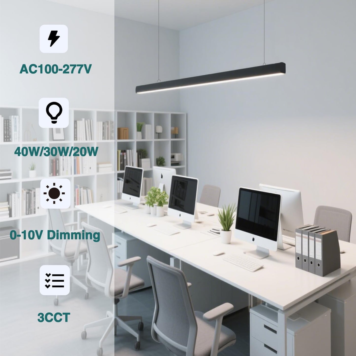 4FT LED Linear Light Fixtures, Linkable, 40/30/20W, 3/4/5000K, Flush Mount Suspended, Dimmable, Black, 2Pack