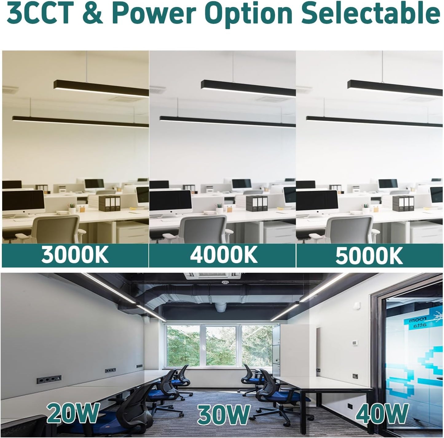 4FT LED Linear Light Fixtures, Linkable, 40/30/20W, 3/4/5000K, Flush Mount Suspended, Dimmable, Black, 2Pack