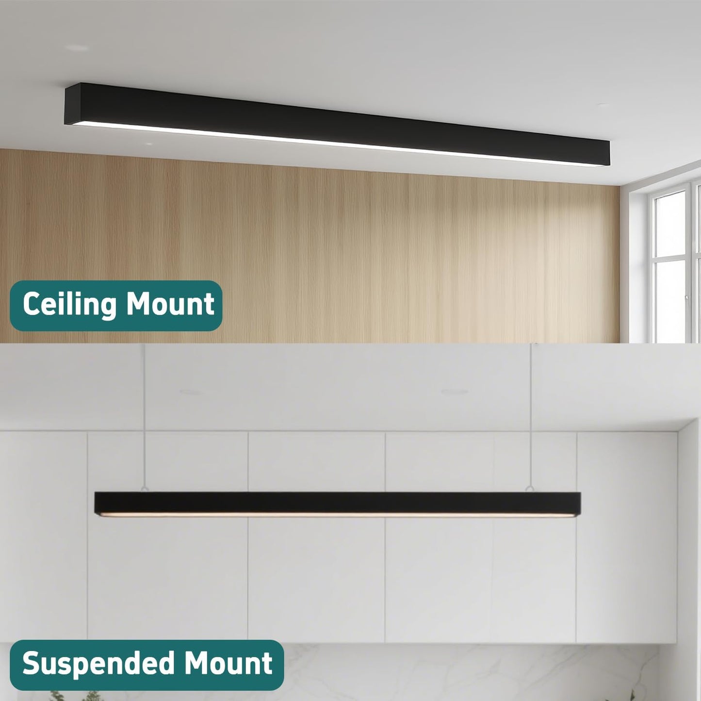4FT LED Linear Light Fixtures, Linkable, 40/30/20W, 3/4/5000K, Flush Mount Suspended, Dimmable, Black, 2Pack