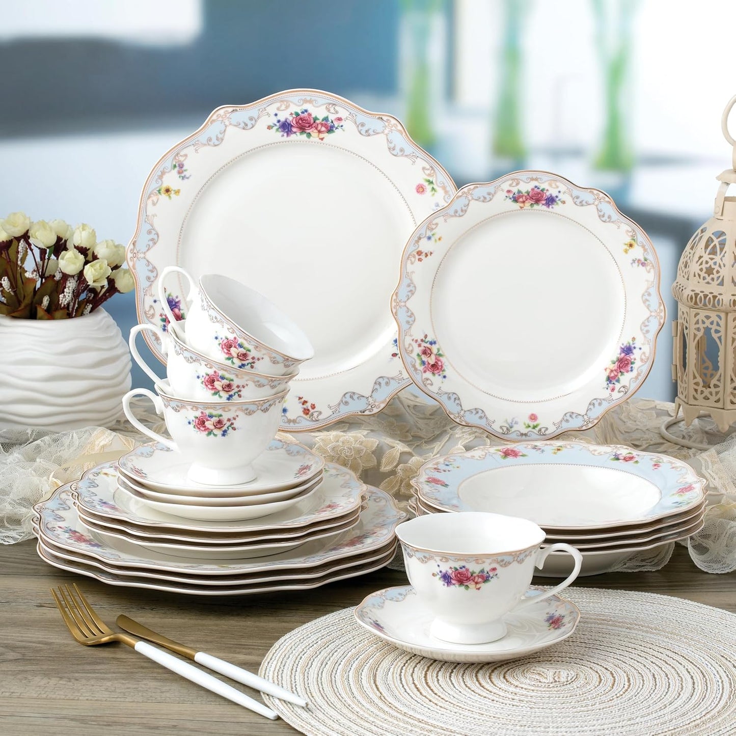 20-Piece Bone China Dinnerware Set, Service for 4, Floral with Blue and Gold Trim