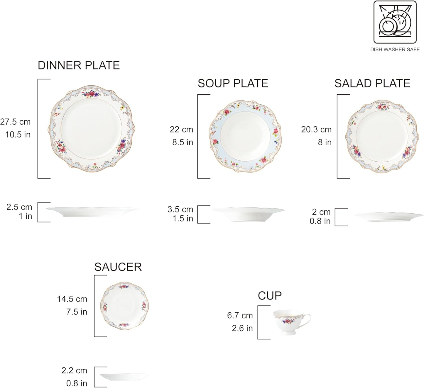 20-Piece Bone China Dinnerware Set, Service for 4, Floral with Blue and Gold Trim