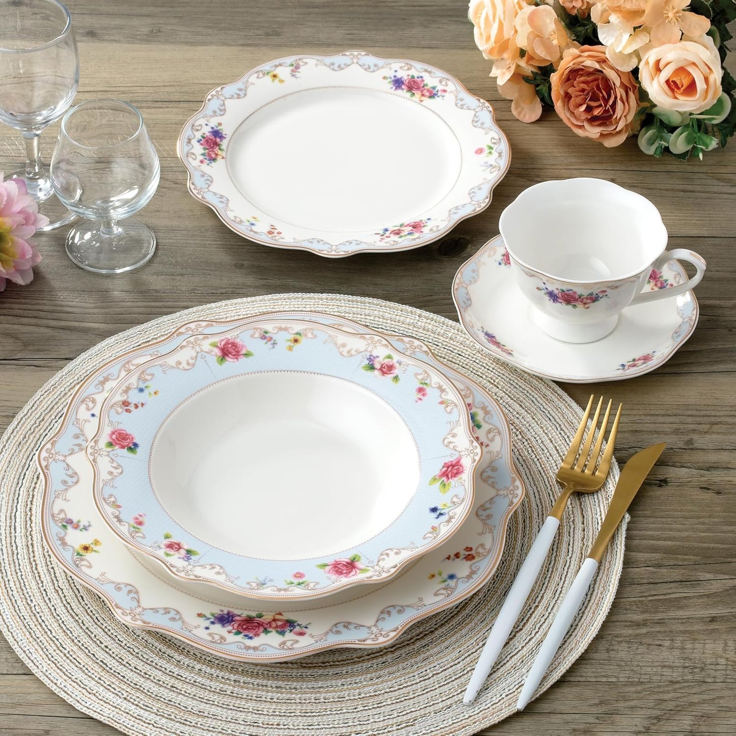 20-Piece Bone China Dinnerware Set, Service for 4, Floral with Blue and Gold Trim