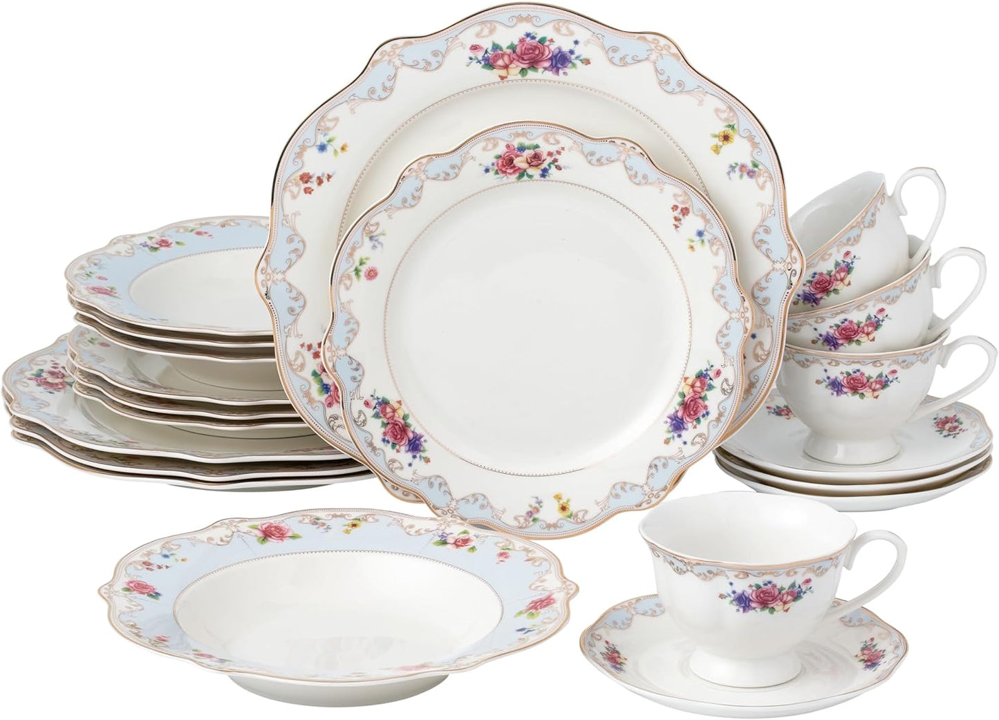 20-Piece Bone China Dinnerware Set, Service for 4, Floral with Blue and Gold Trim