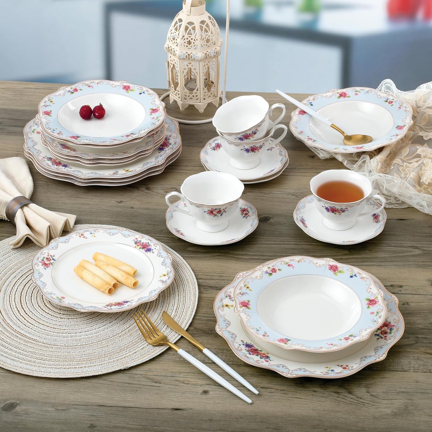 20-Piece Bone China Dinnerware Set, Service for 4, Floral with Blue and Gold Trim