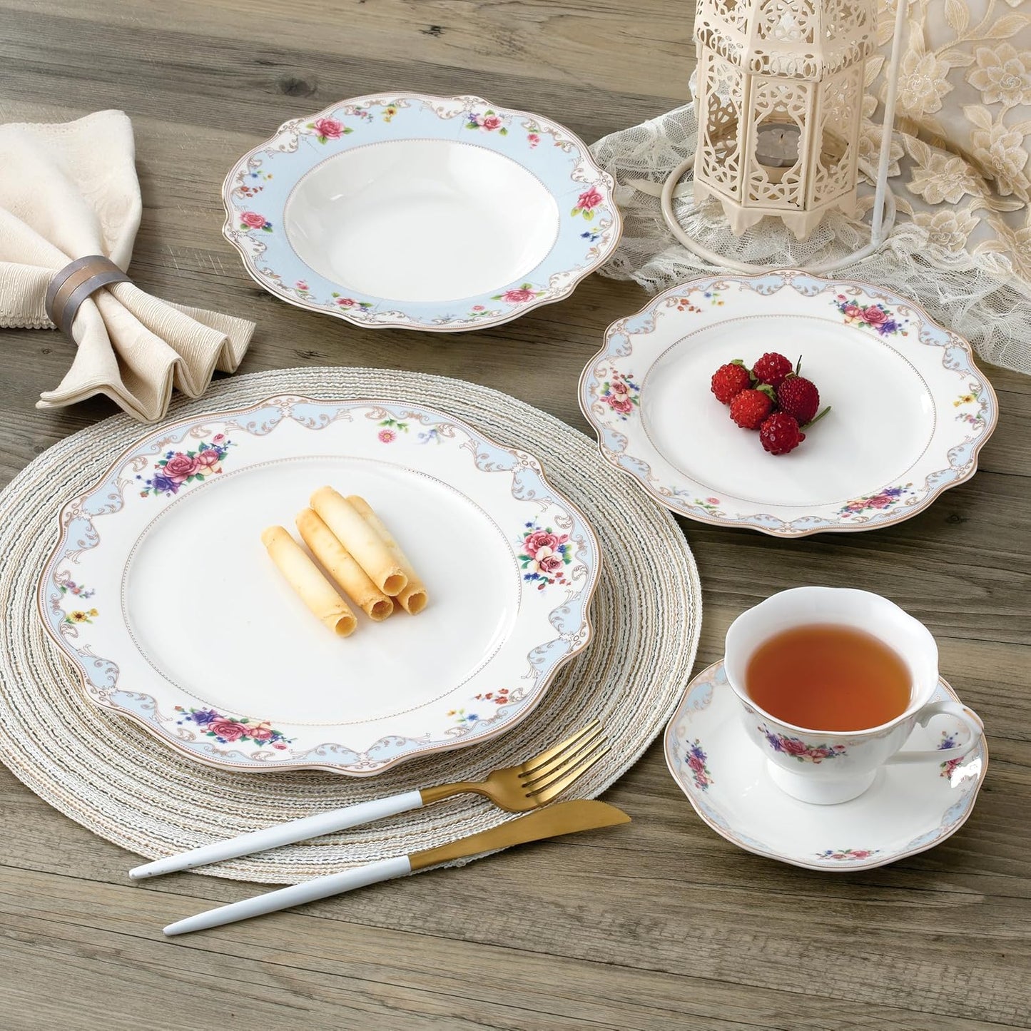 20-Piece Bone China Dinnerware Set, Service for 4, Floral with Blue and Gold Trim