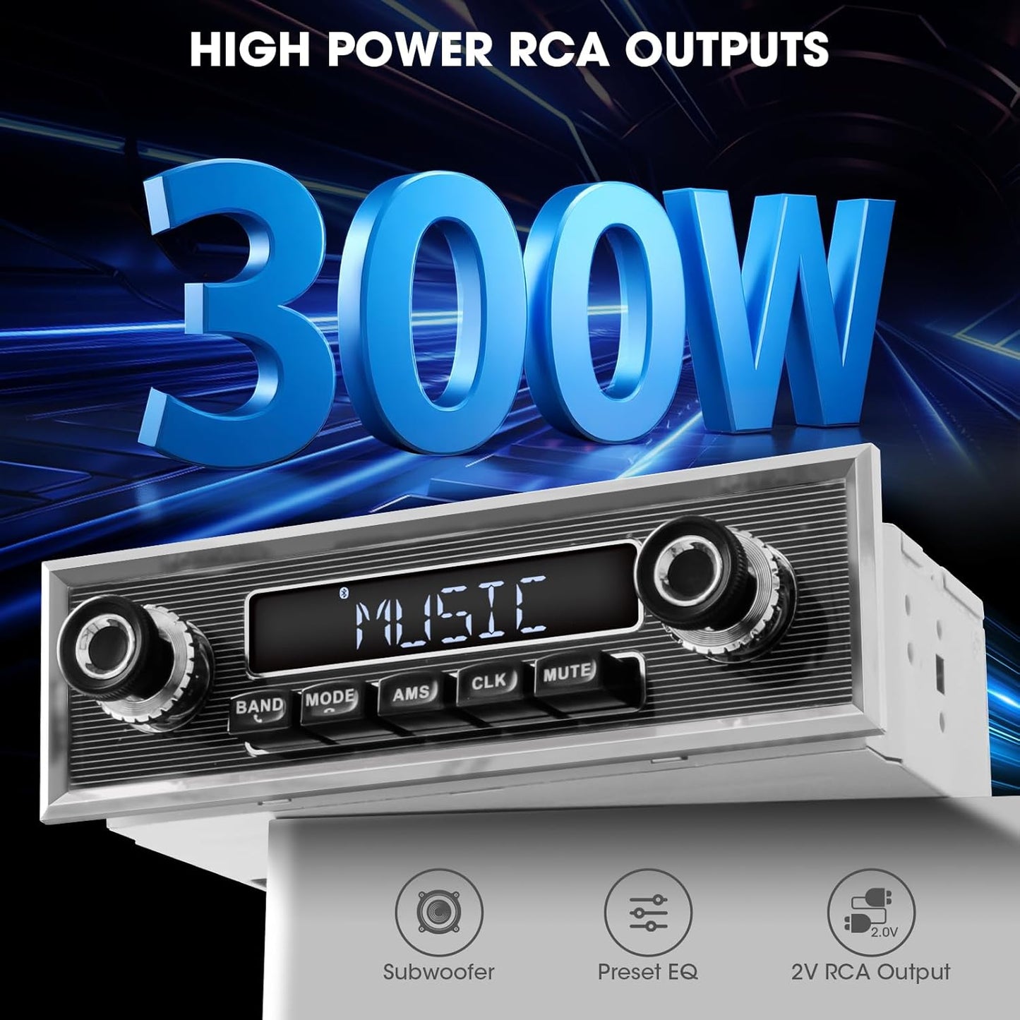 Retro Vintage Radio for Classic Vehicle - Single Din Bluetooth Car Stereo with AM FM USB AUX EQ Subwoofer RCA Output