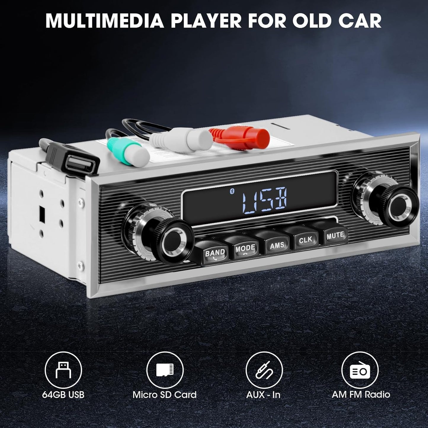 Retro Vintage Radio for Classic Vehicle - Single Din Bluetooth Car Stereo with AM FM USB AUX EQ Subwoofer RCA Output