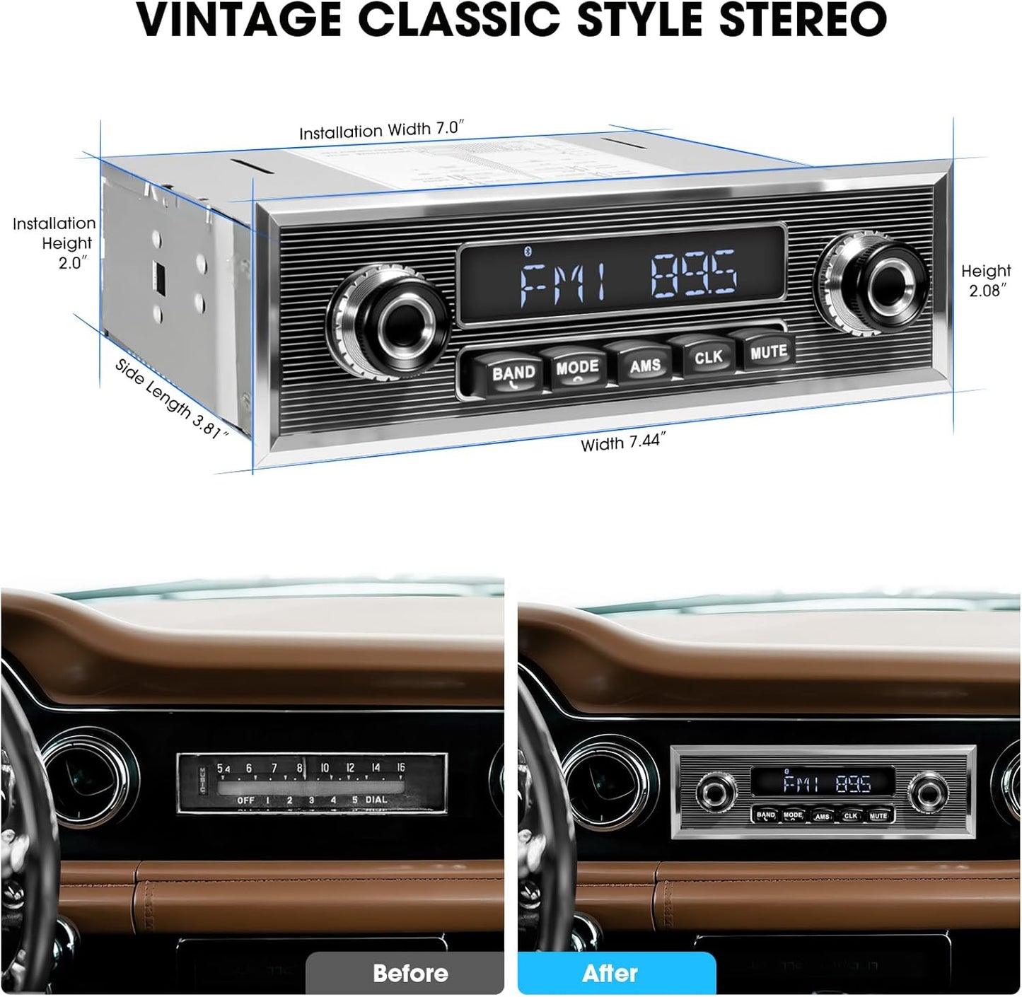 Retro Vintage Radio for Classic Vehicle - Single Din Bluetooth Car Stereo with AM FM USB AUX EQ Subwoofer RCA Output
