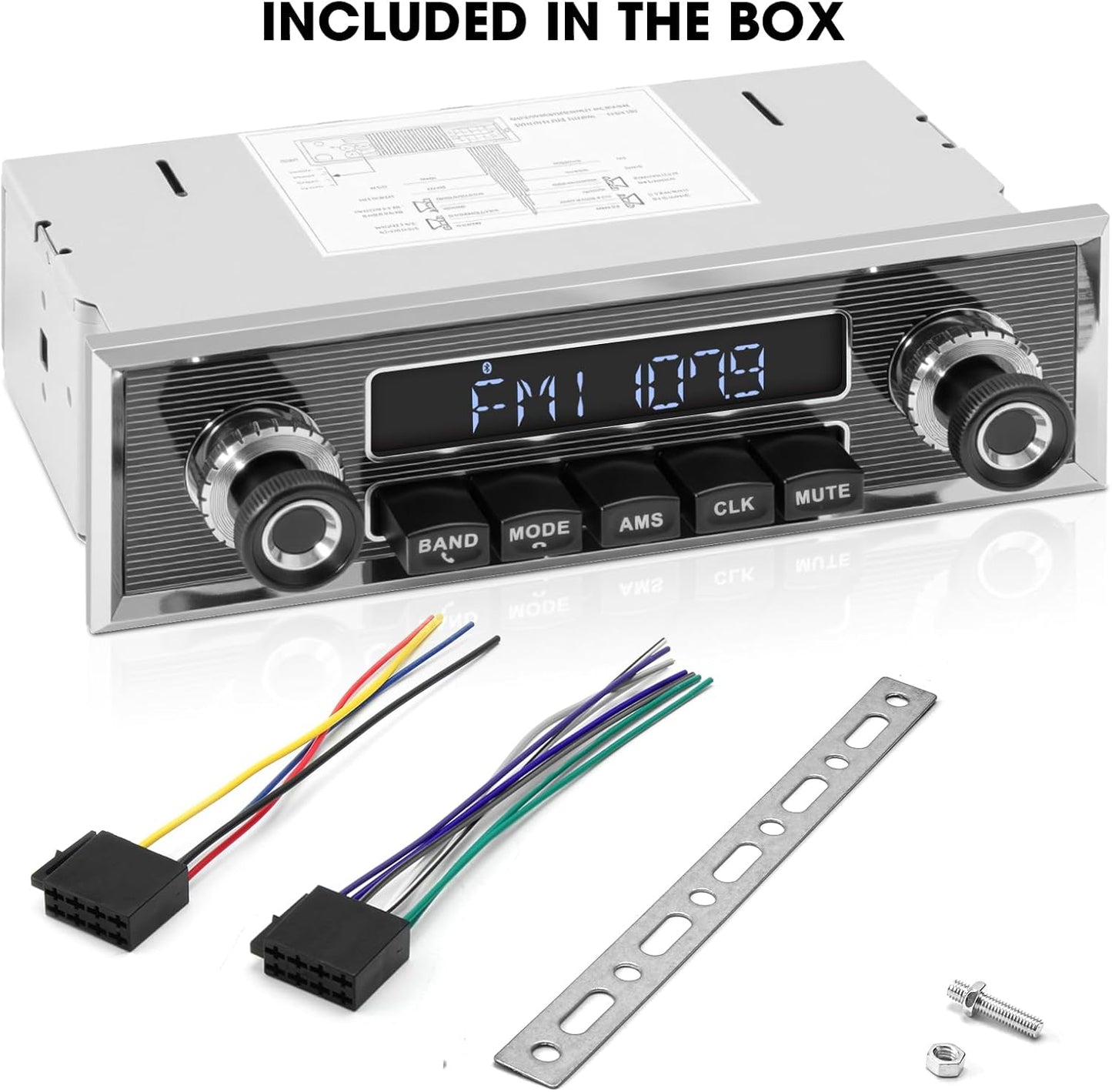 Retro Vintage Radio for Classic Vehicle - Single Din Bluetooth Car Stereo with AM FM USB AUX EQ Subwoofer RCA Output