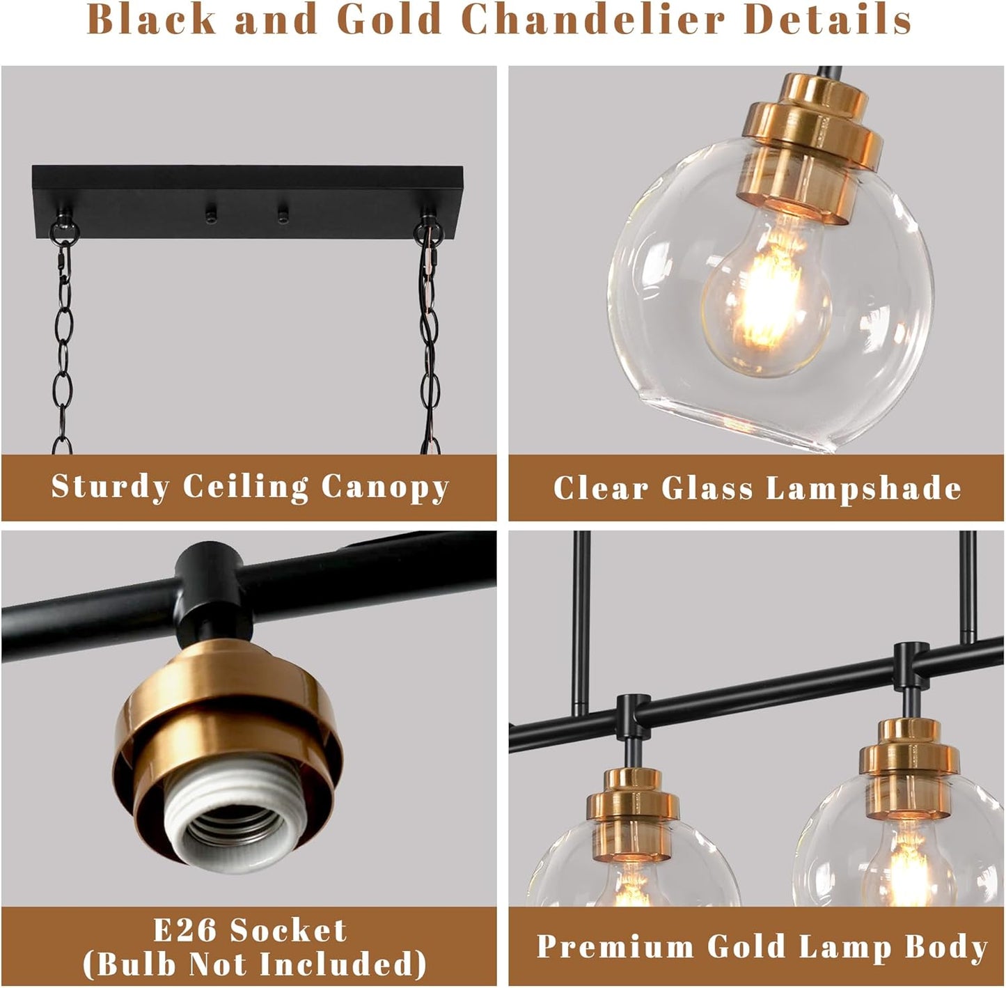 Linear Chandeliers 6 Light, Fixture 55' Finished Black and Gold Farmhouse w/ Seeded Glass Shade, Height Adjustable