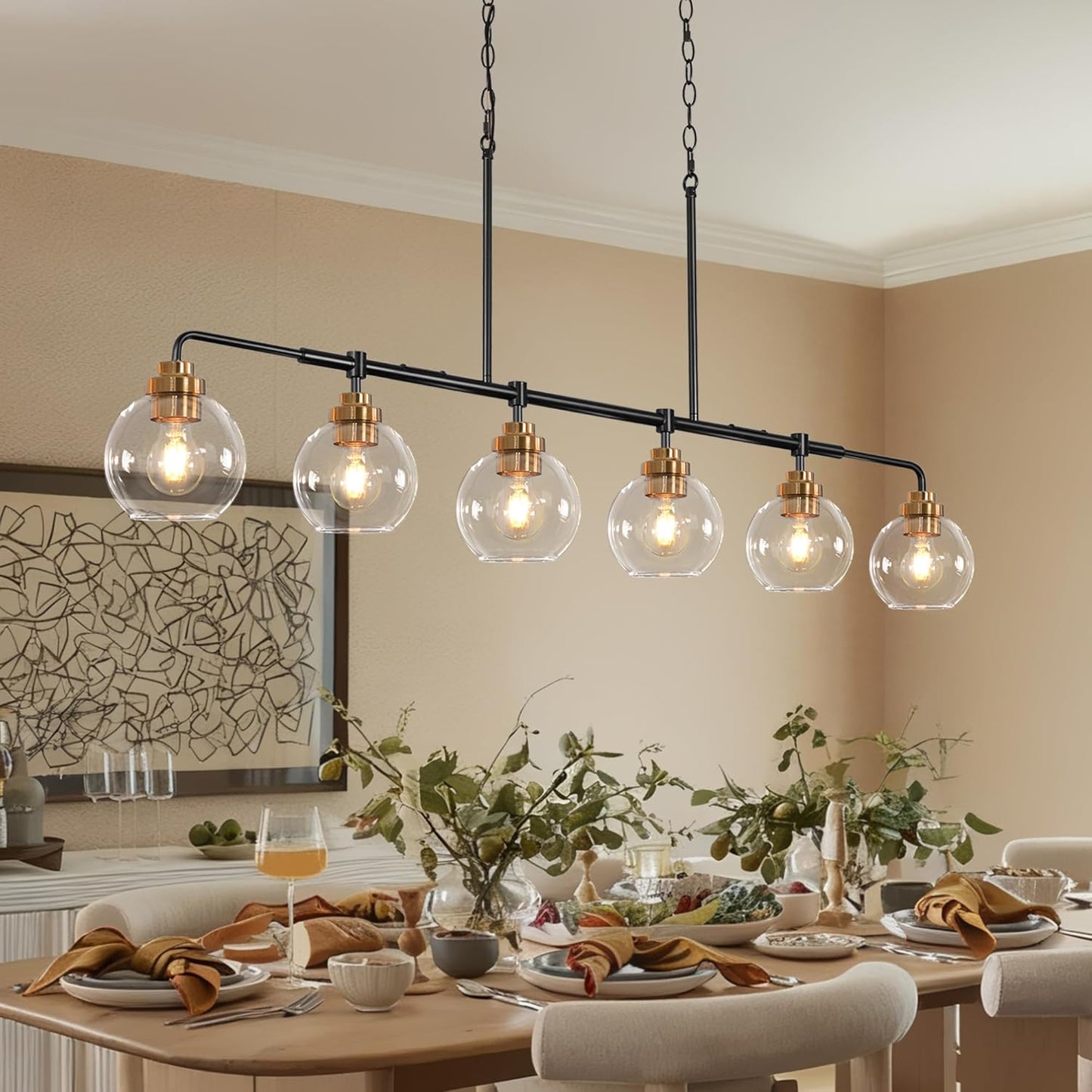 Linear Chandeliers 6 Light, Fixture 55' Finished Black and Gold Farmhouse w/ Seeded Glass Shade, Height Adjustable