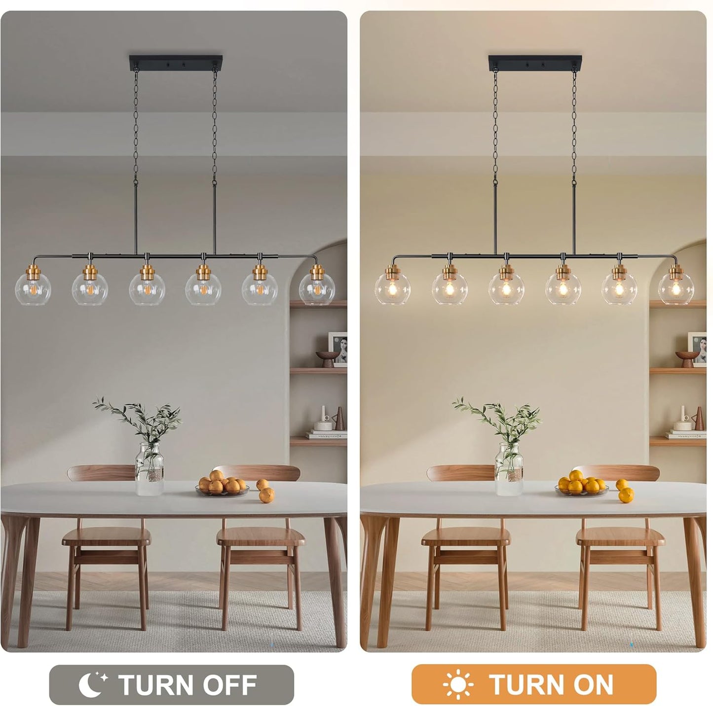 Linear Chandeliers 6 Light, Fixture 55' Finished Black and Gold Farmhouse w/ Seeded Glass Shade, Height Adjustable