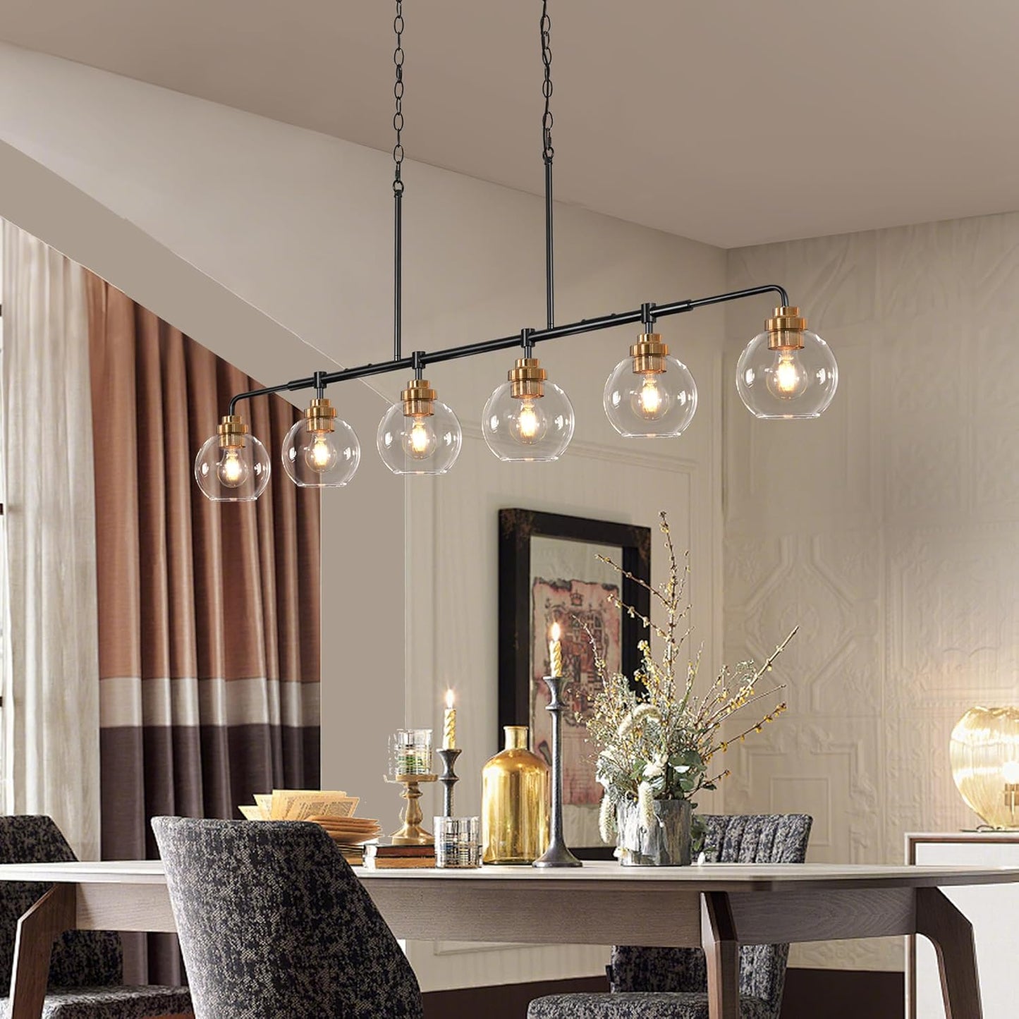 Linear Chandeliers 6 Light, Fixture 55' Finished Black and Gold Farmhouse w/ Seeded Glass Shade, Height Adjustable