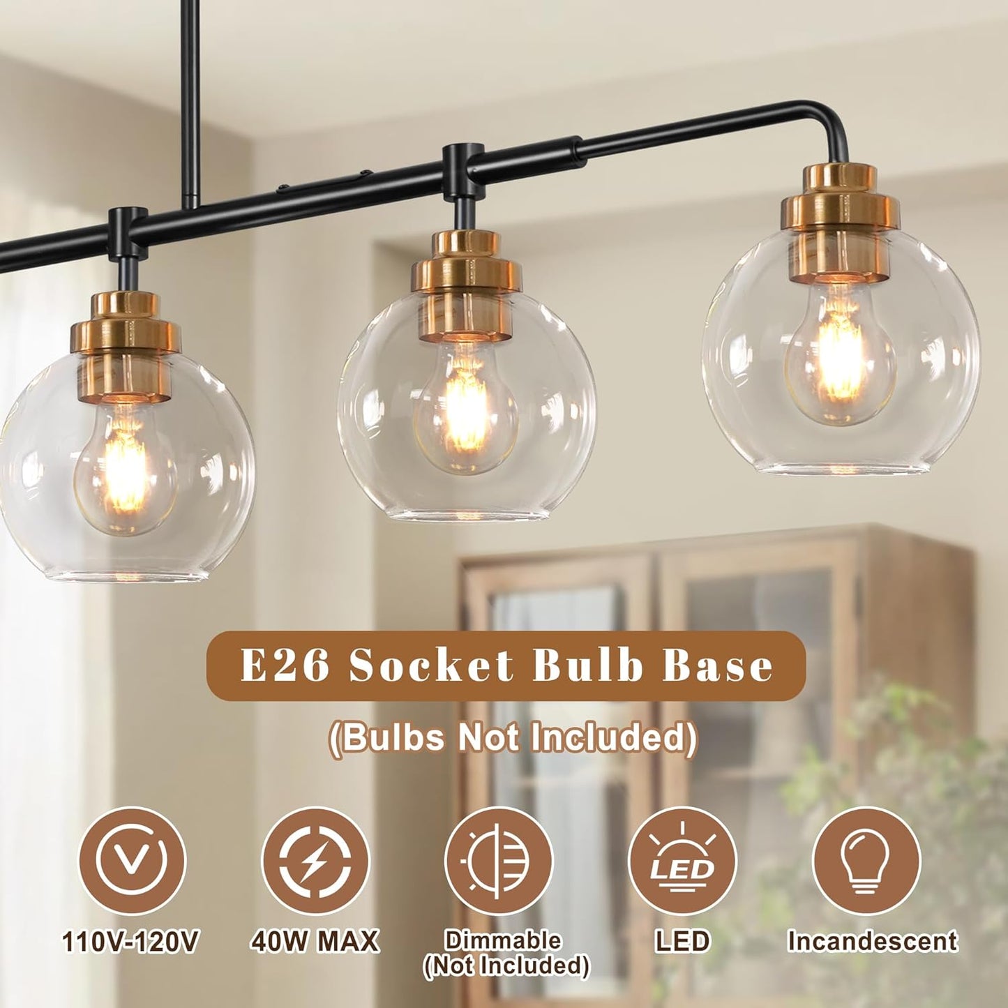 Linear Chandeliers 6 Light, Fixture 55' Finished Black and Gold Farmhouse w/ Seeded Glass Shade, Height Adjustable