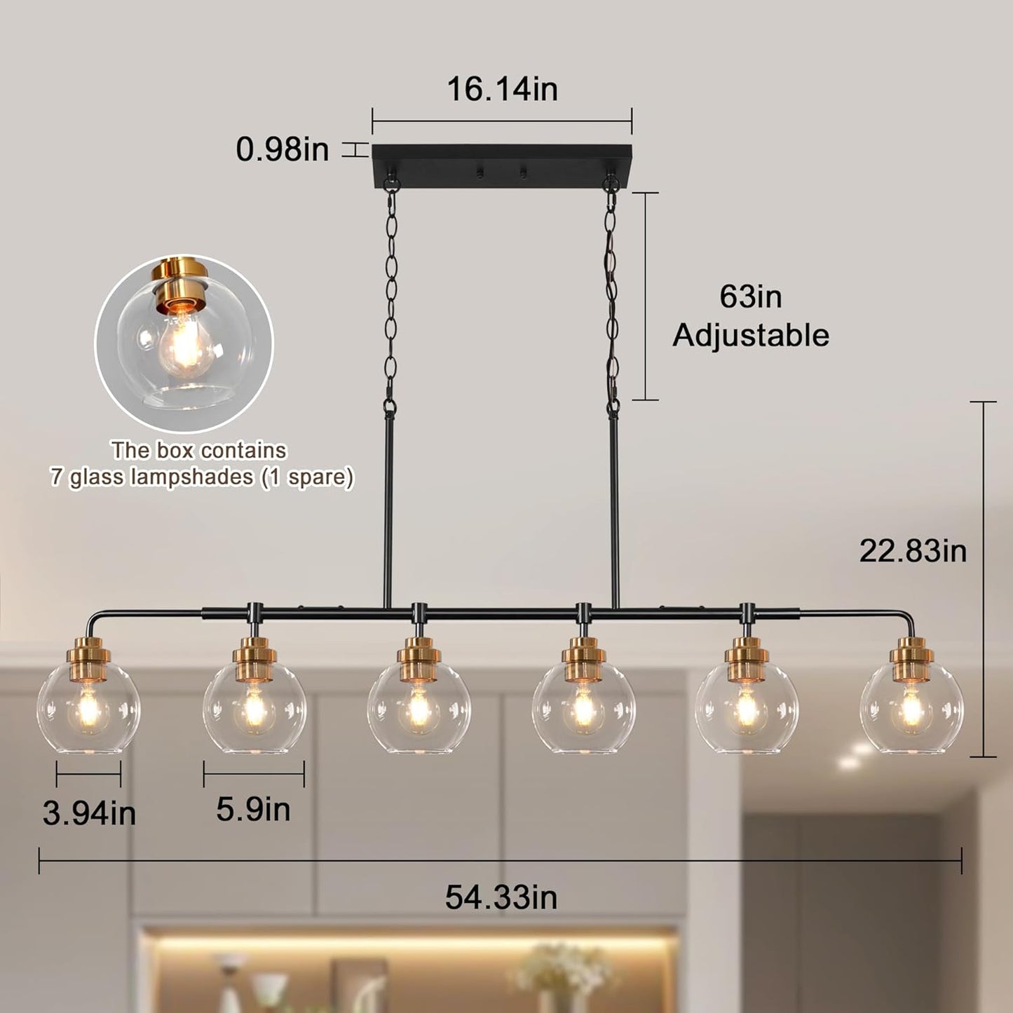 Linear Chandeliers 6 Light, Fixture 55' Finished Black and Gold Farmhouse w/ Seeded Glass Shade, Height Adjustable