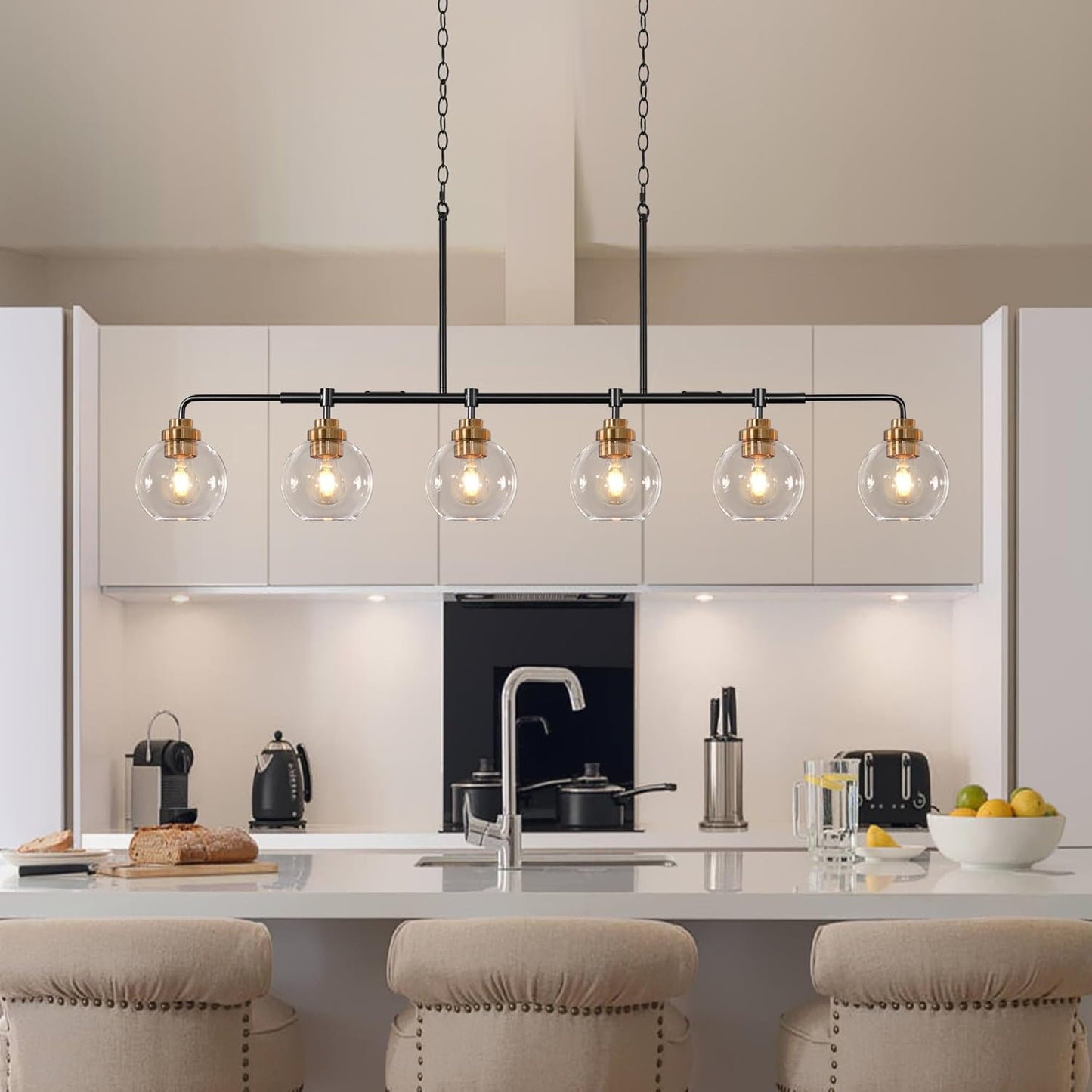 Linear Chandeliers 6 Light, Fixture 55' Finished Black and Gold Farmhouse w/ Seeded Glass Shade, Height Adjustable