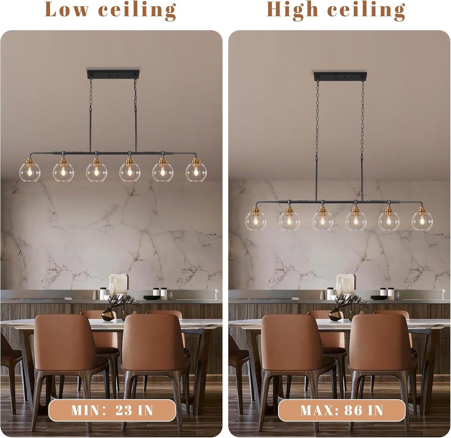 Linear Chandeliers 6 Light, Fixture 55' Finished Black and Gold Farmhouse w/ Seeded Glass Shade, Height Adjustable