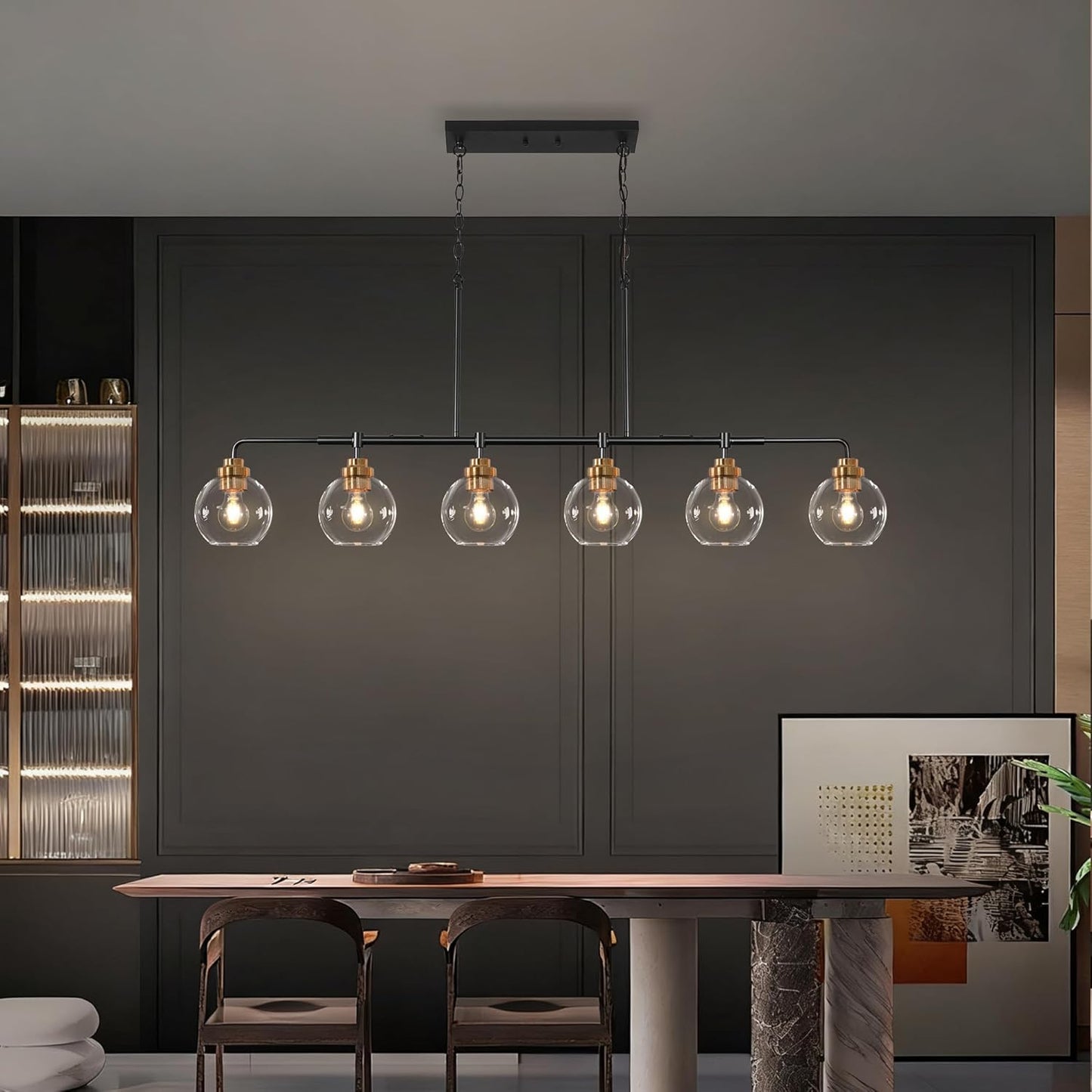 Linear Chandeliers 6 Light, Fixture 55' Finished Black and Gold Farmhouse w/ Seeded Glass Shade, Height Adjustable