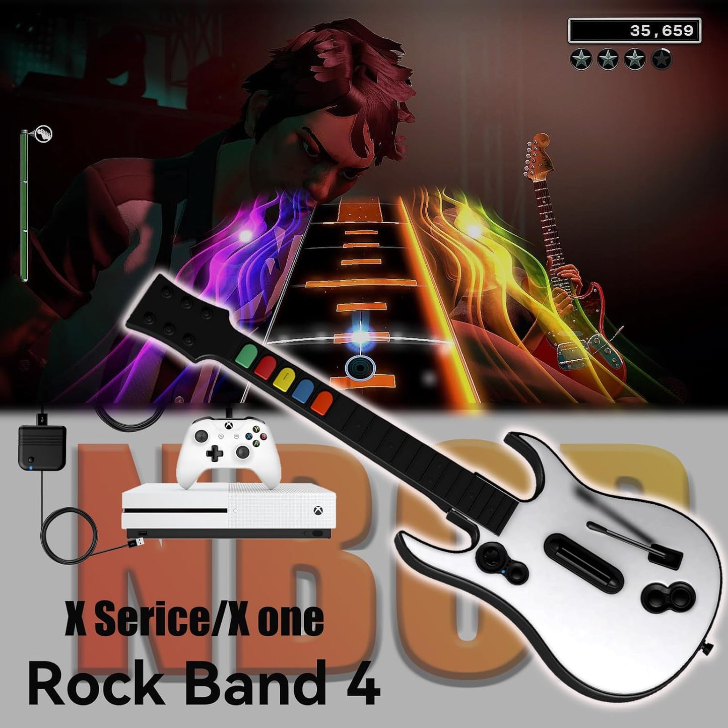 Wireless Guitar Controller for Xbox Series X/S, Xbox One, PC, for Rock Band 4 Fortnite Festival w/ Strap, 2.4G USB Dongle