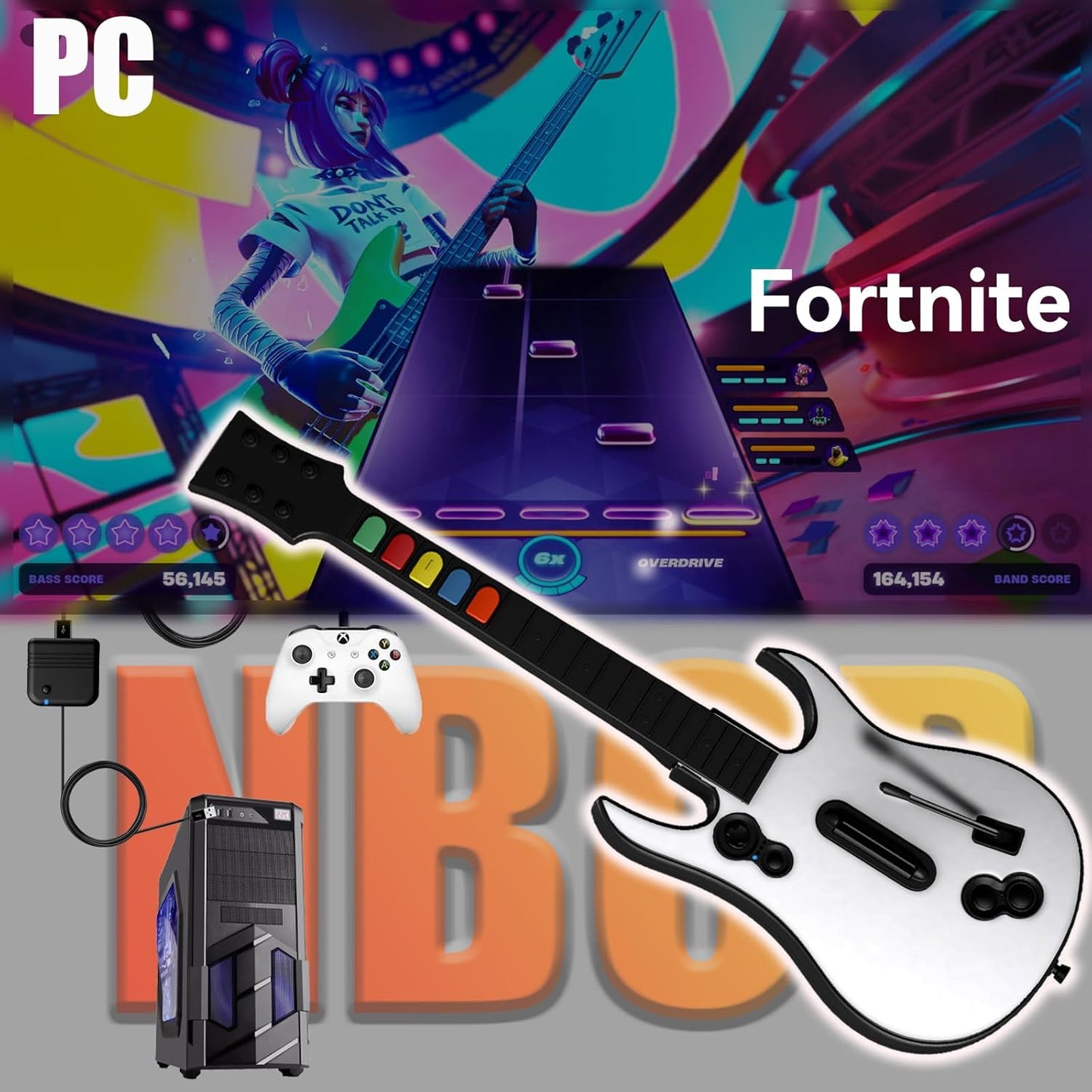 Wireless Guitar Controller for Xbox Series X/S, Xbox One, PC, for Rock Band 4 Fortnite Festival w/ Strap, 2.4G USB Dongle