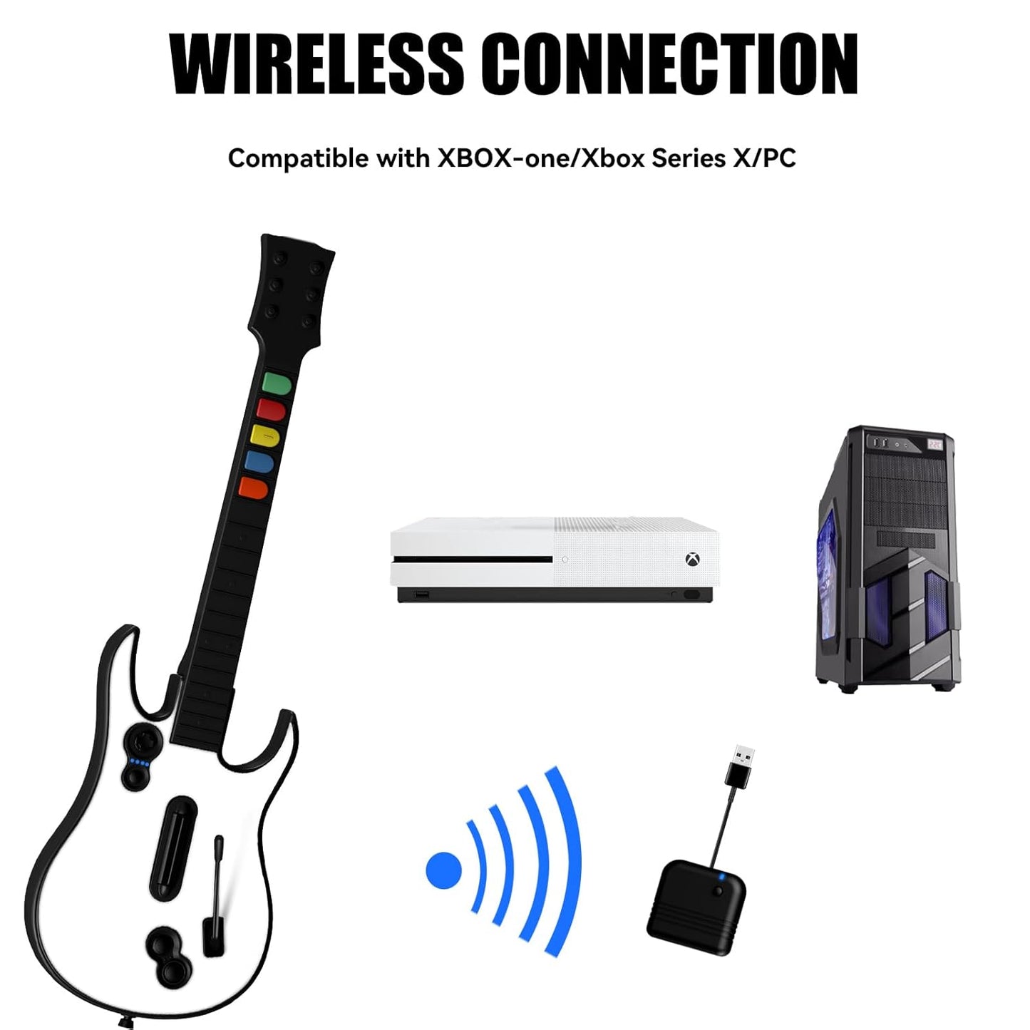 Wireless Guitar Controller for Xbox Series X/S, Xbox One, PC, for Rock Band 4 Fortnite Festival w/ Strap, 2.4G USB Dongle