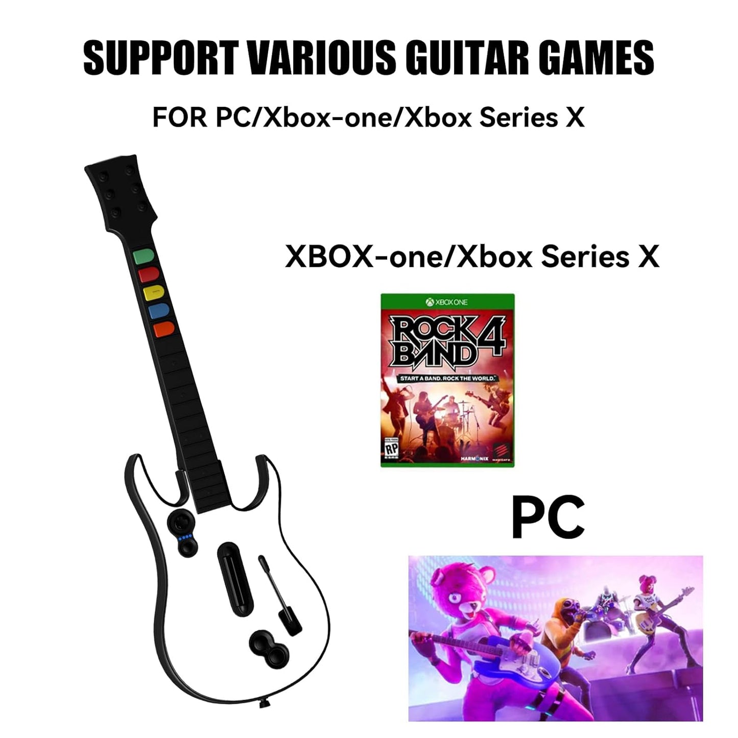 Wireless Guitar Controller for Xbox Series X/S, Xbox One, PC, for Rock Band 4 Fortnite Festival w/ Strap, 2.4G USB Dongle