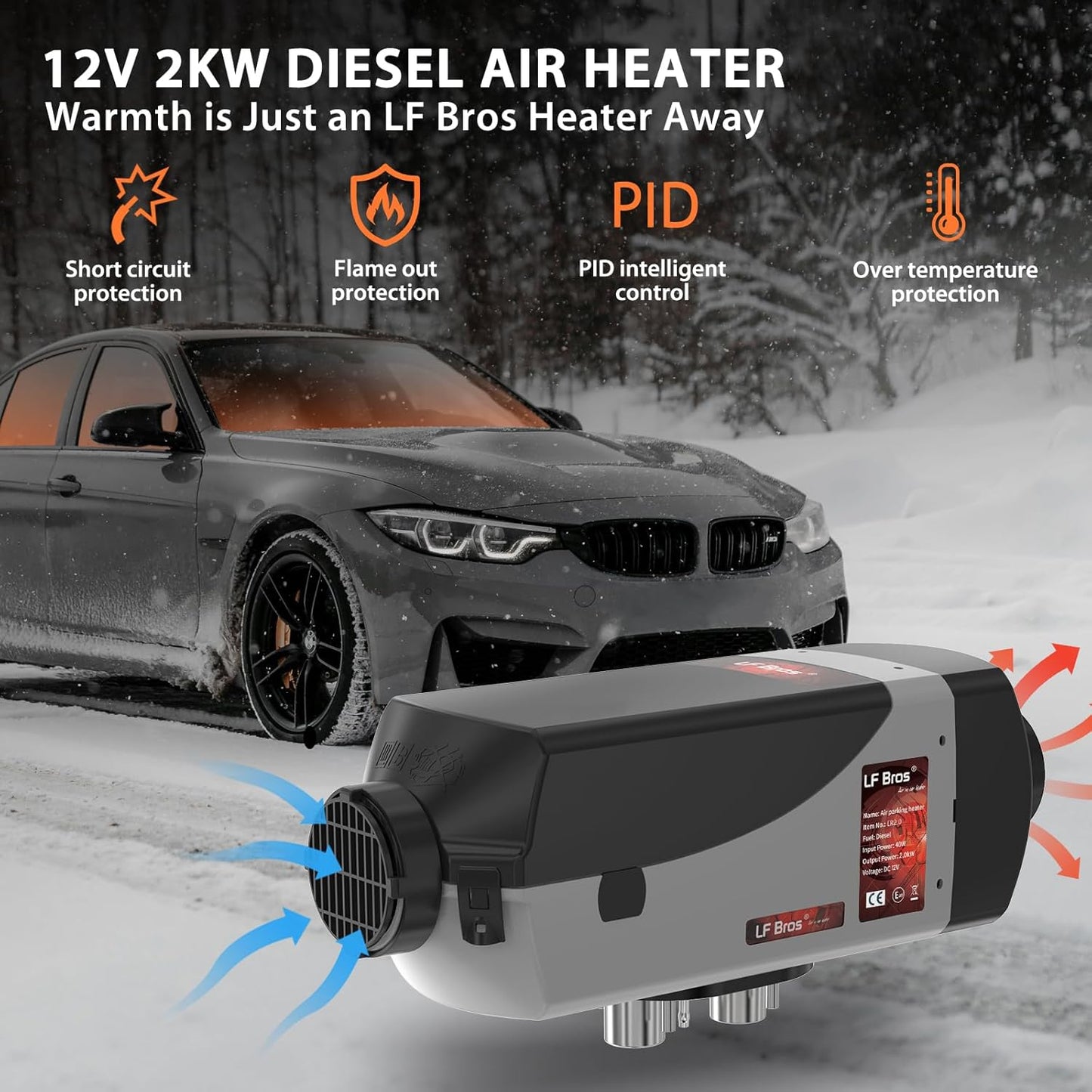2KW Diesel Heater, 12V Parking Air Heater w/ Timer, LCD Display Remote Control for Sedan, Small Truck, Pickup