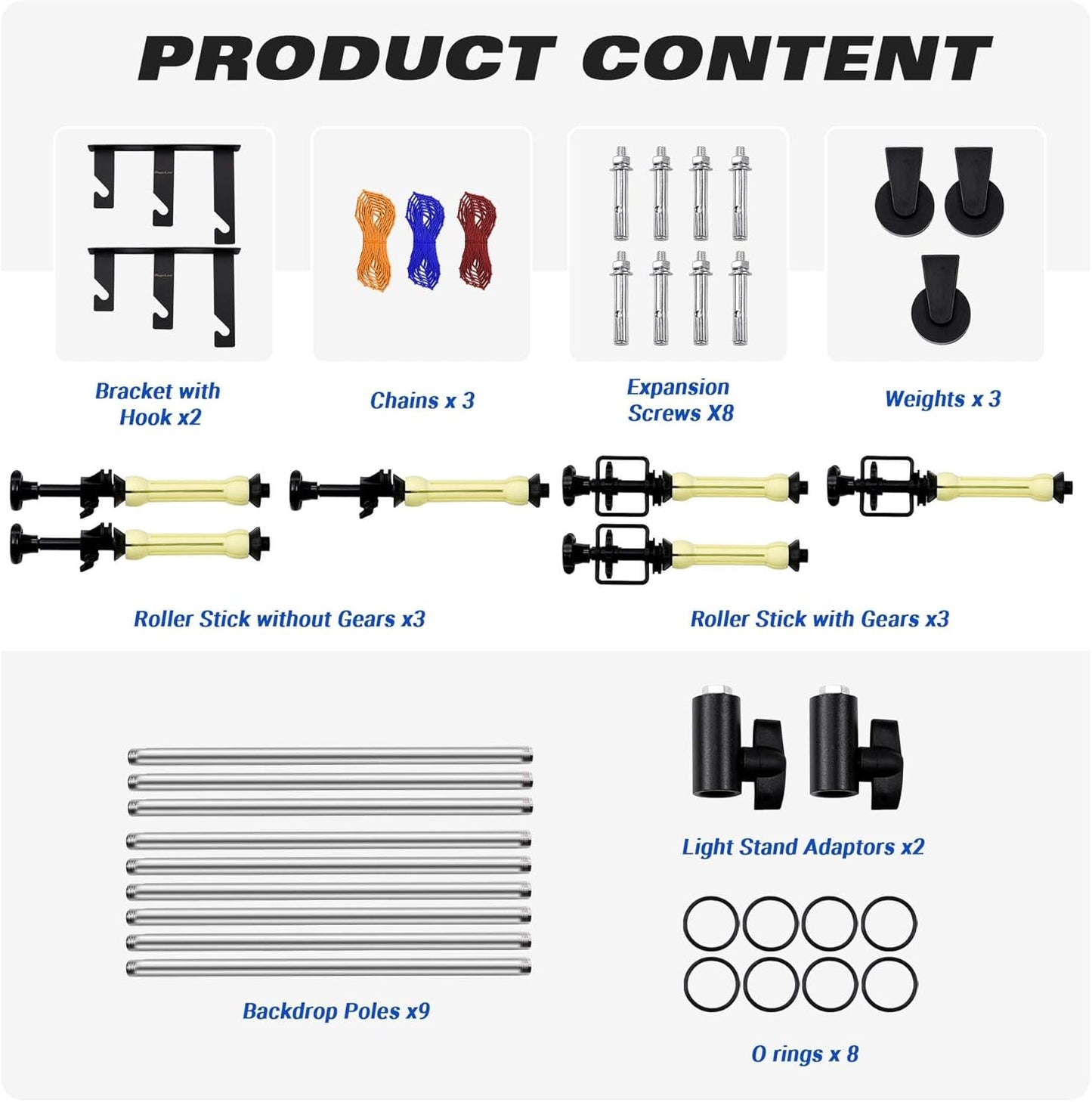 Photography Backdrop 3 Roller Support System, 118' Stainless Steel Crossbars Manual Backdrop Stand, Wall/Ceiling